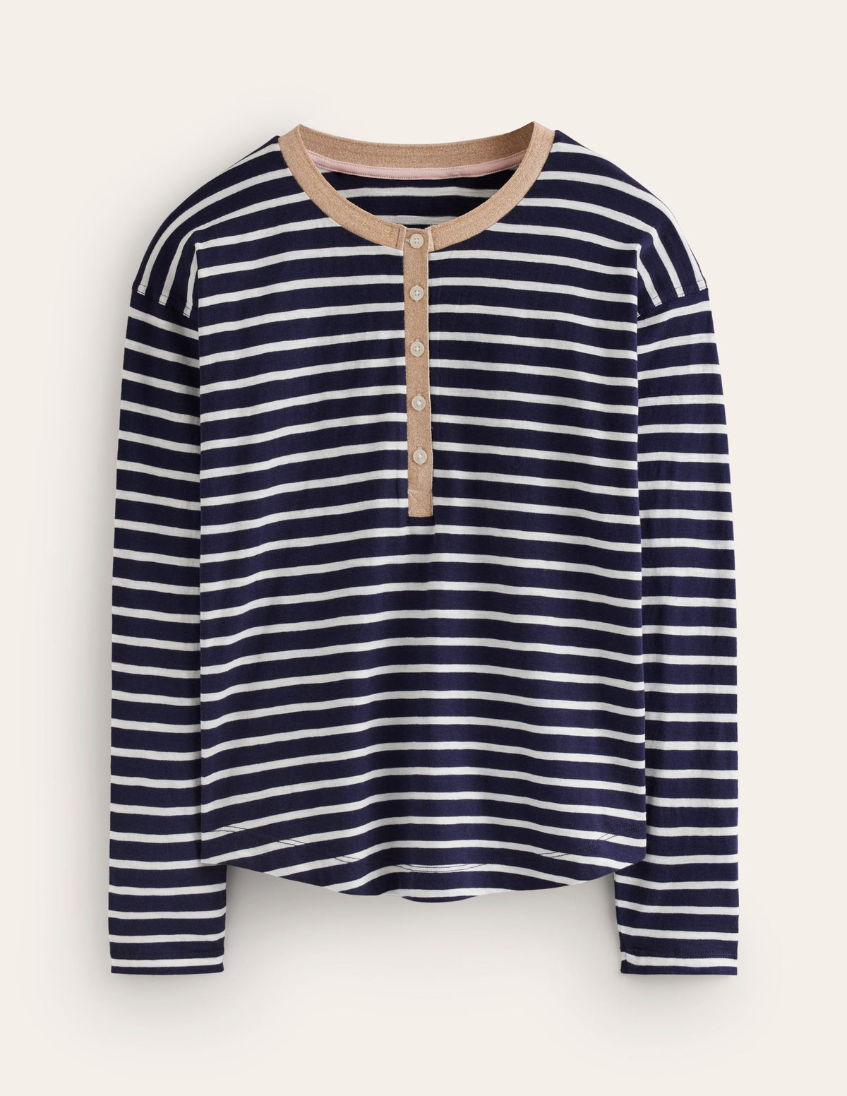 Metallic Trim Henley Top-Navy, Ivory Stripe - Image 5