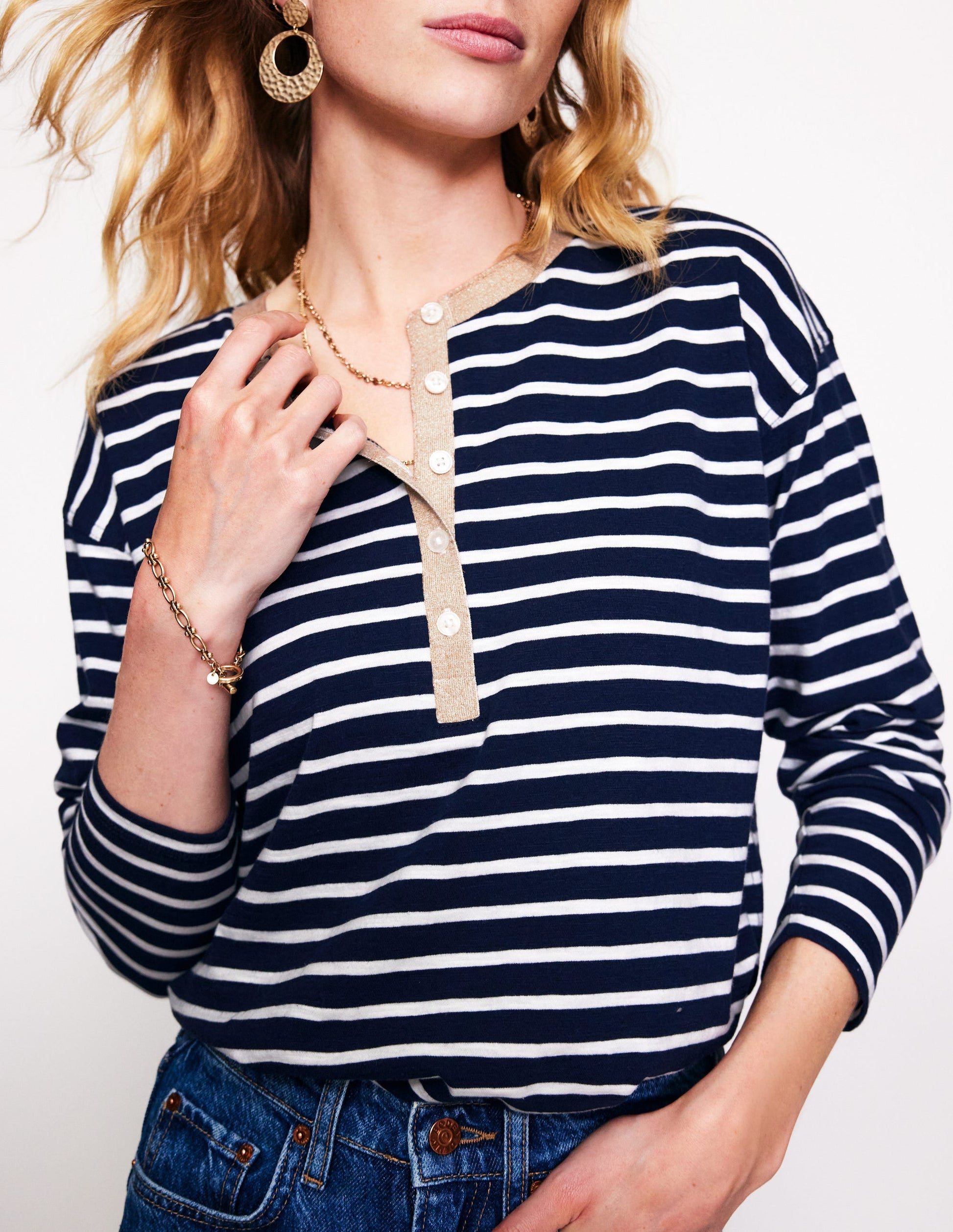 Metallic Trim Henley Top-Navy, Ivory Stripe-2