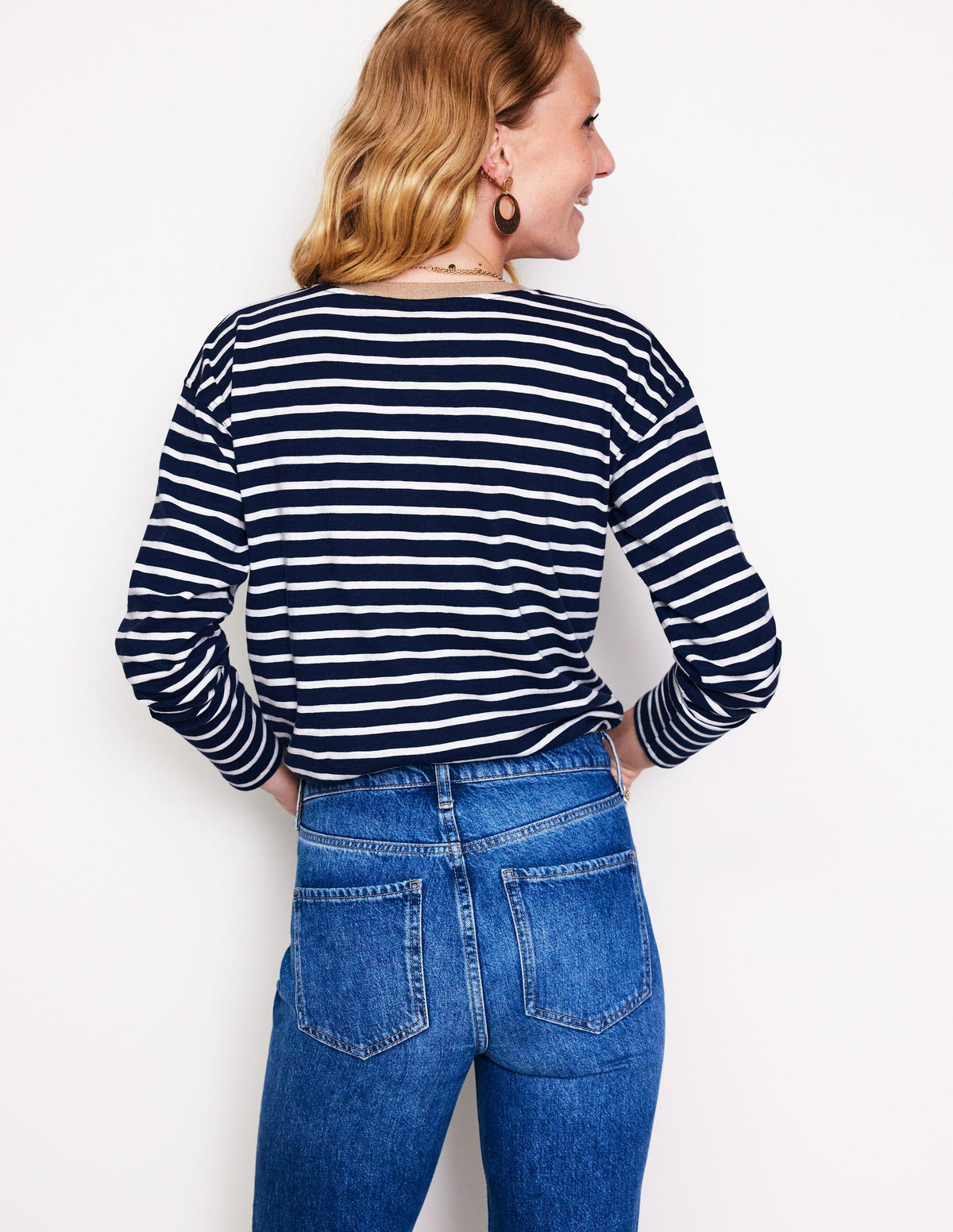 Metallic Trim Henley Top-Navy, Ivory Stripe - Image 3