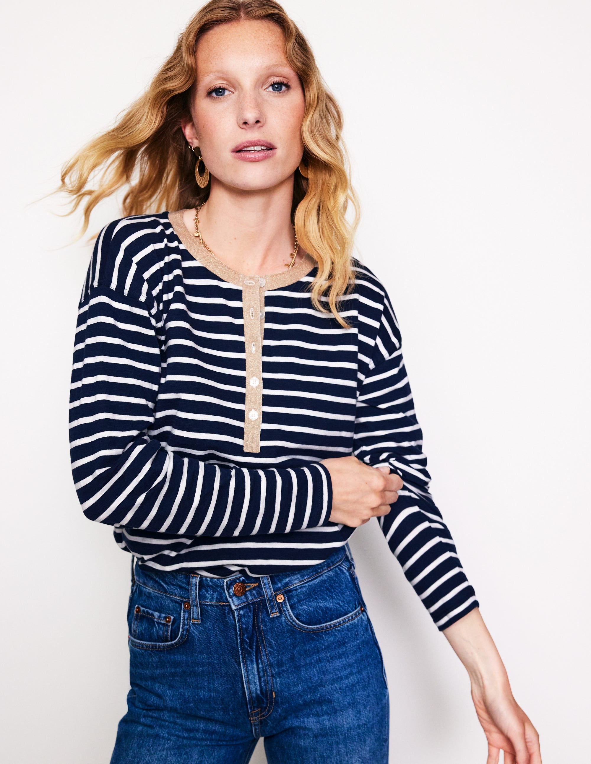 Metallic Trim Henley Top-Navy, Ivory Stripe - Image 4