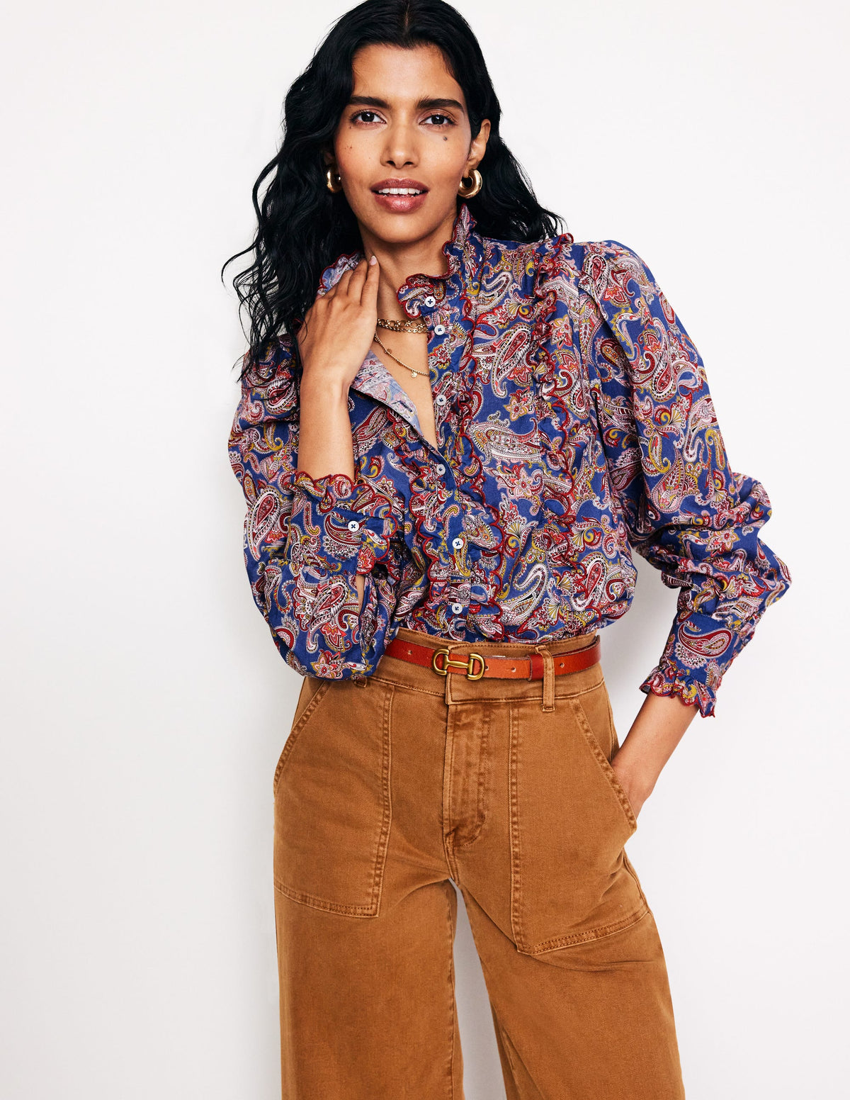 Ruffled Cotton Blouse-True Navy, Opulet Paisley - Image 1