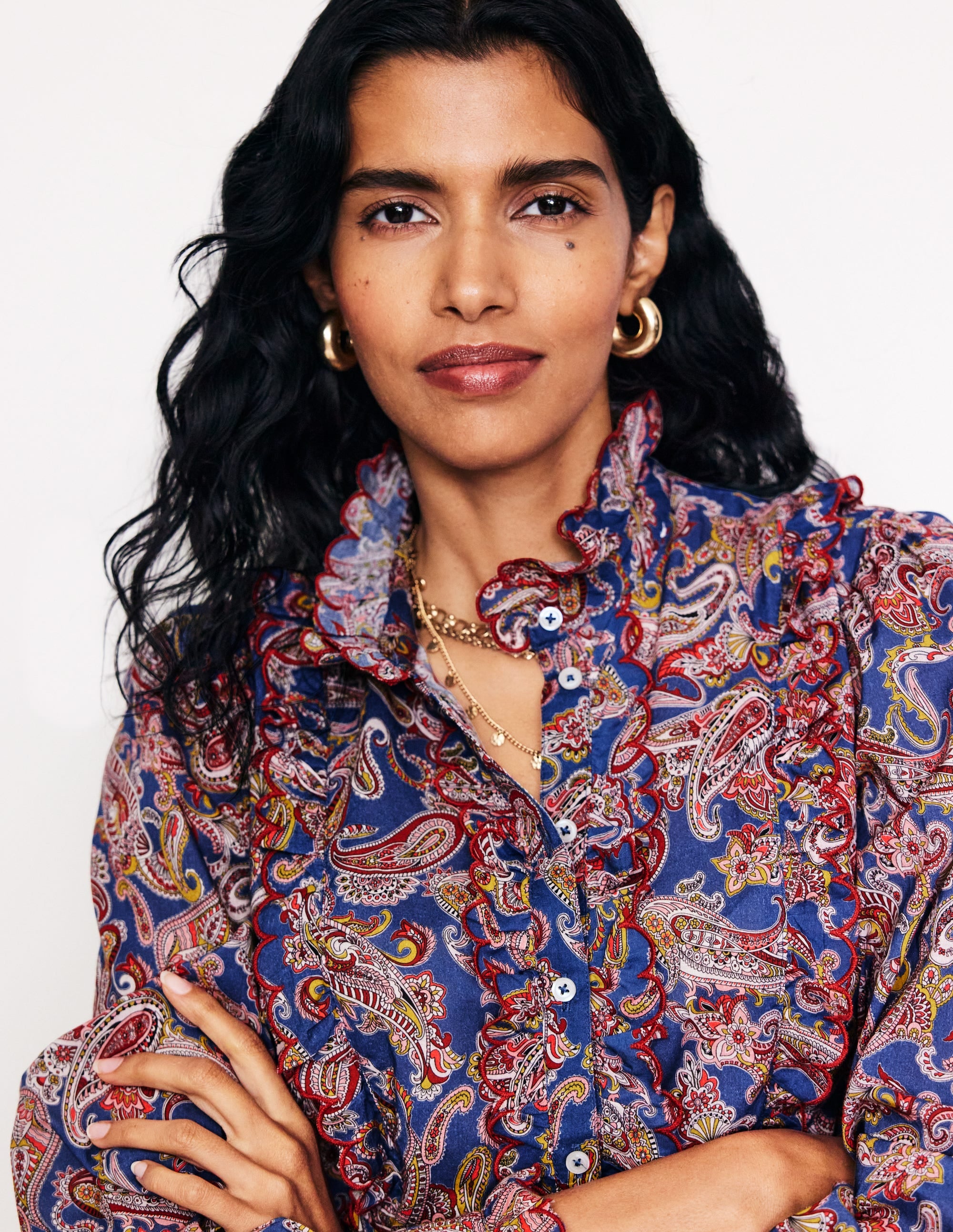 Ruffled Cotton Blouse-True Navy, Opulet Paisley - Image 2