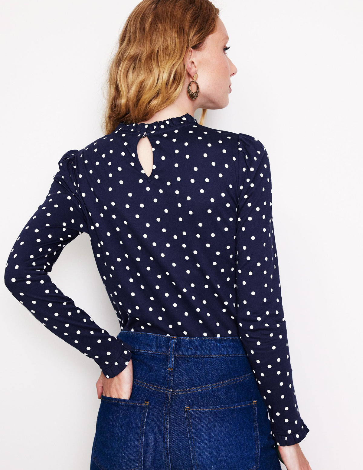 Supersoft Frill Detail Top-French Navy, Sparse Spot - Image 3