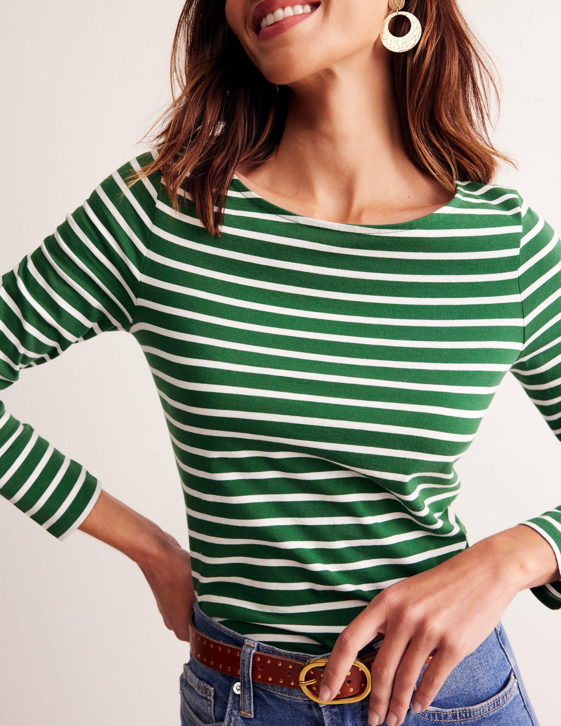 Ella Long Sleeve Breton-Pine, Ivory Stripe-2