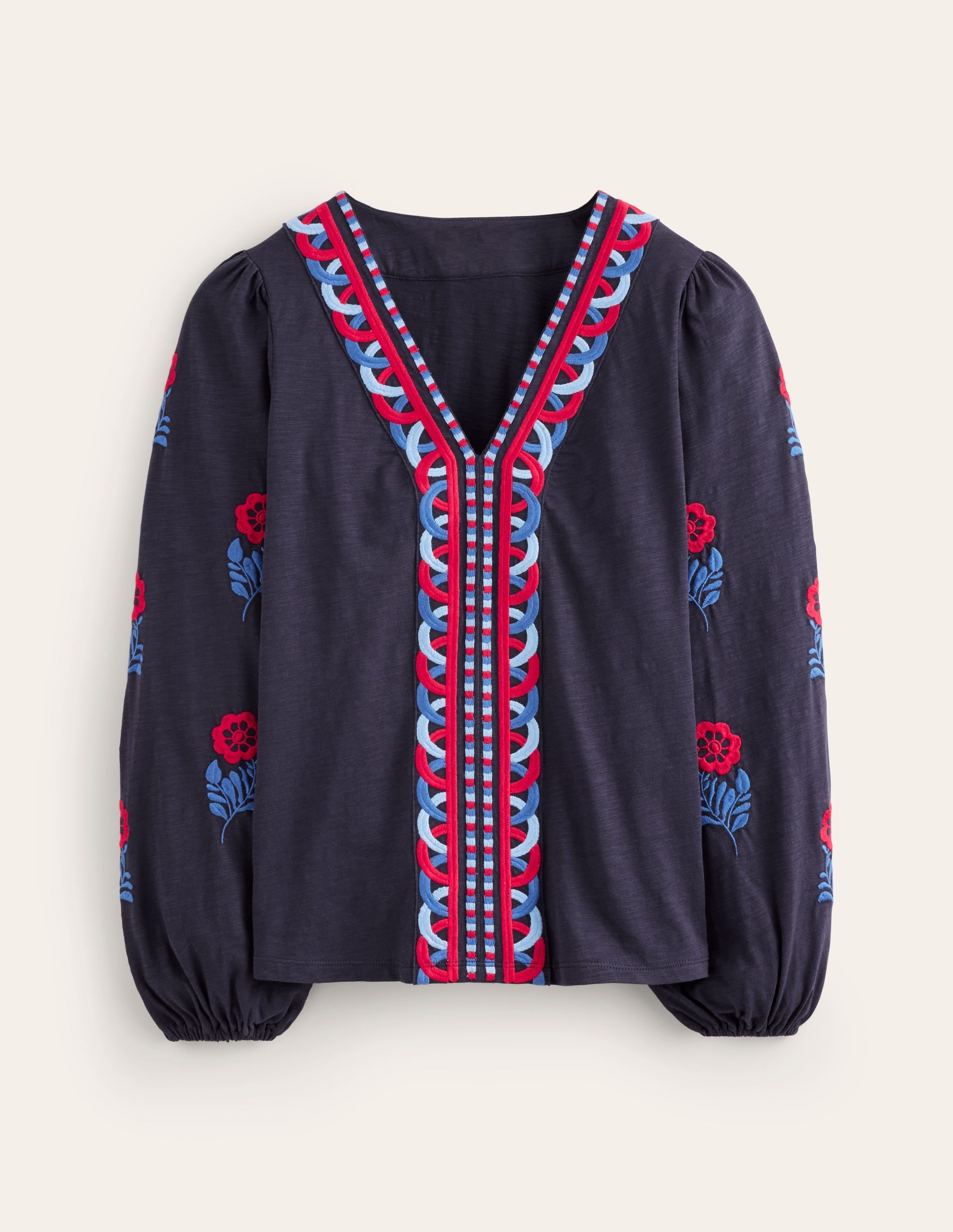 Embroidered V-Neck Top-Navy, Red Embroidery - Image 5