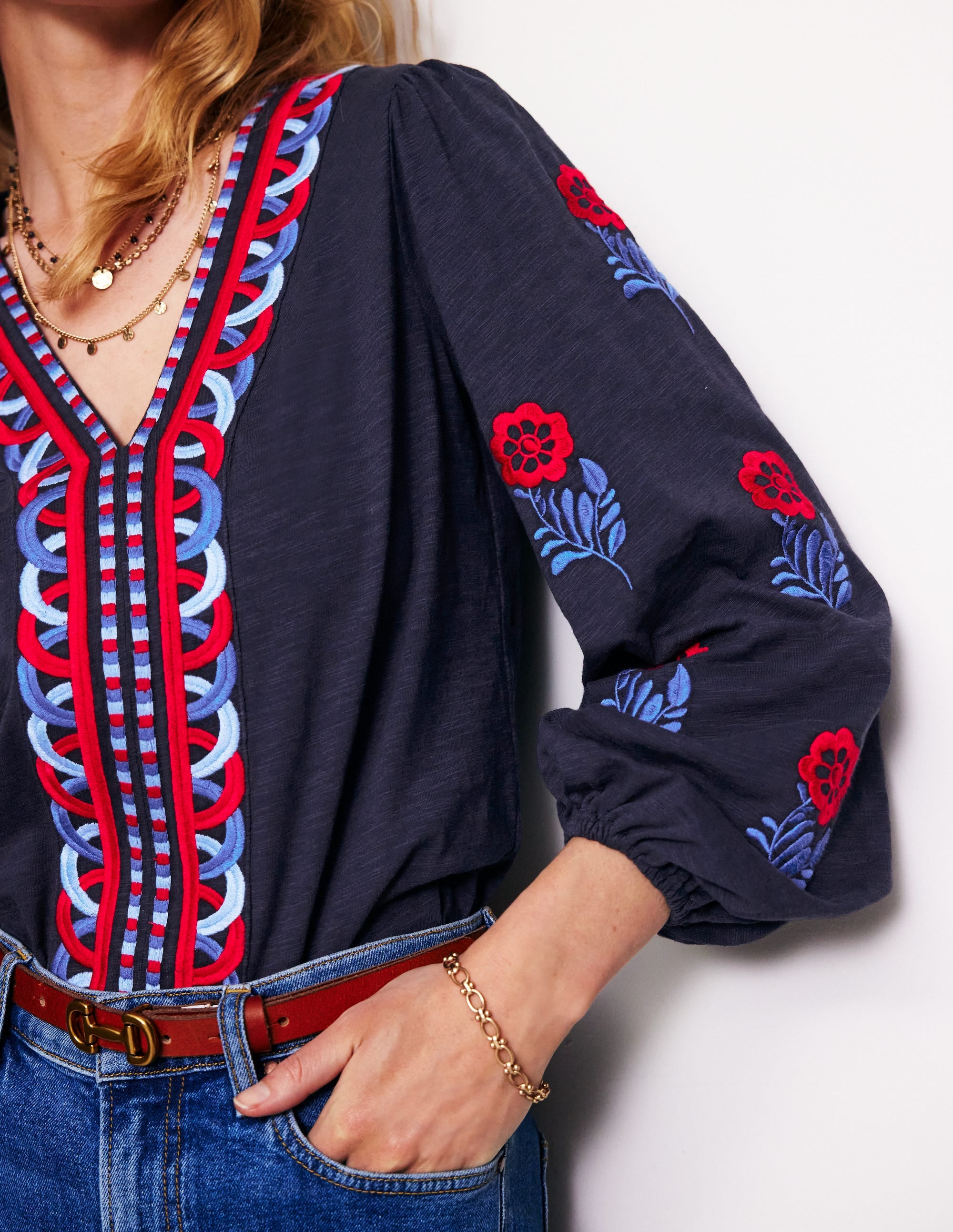 Embroidered V-Neck Top-Navy, Red Embroidery - Image 2
