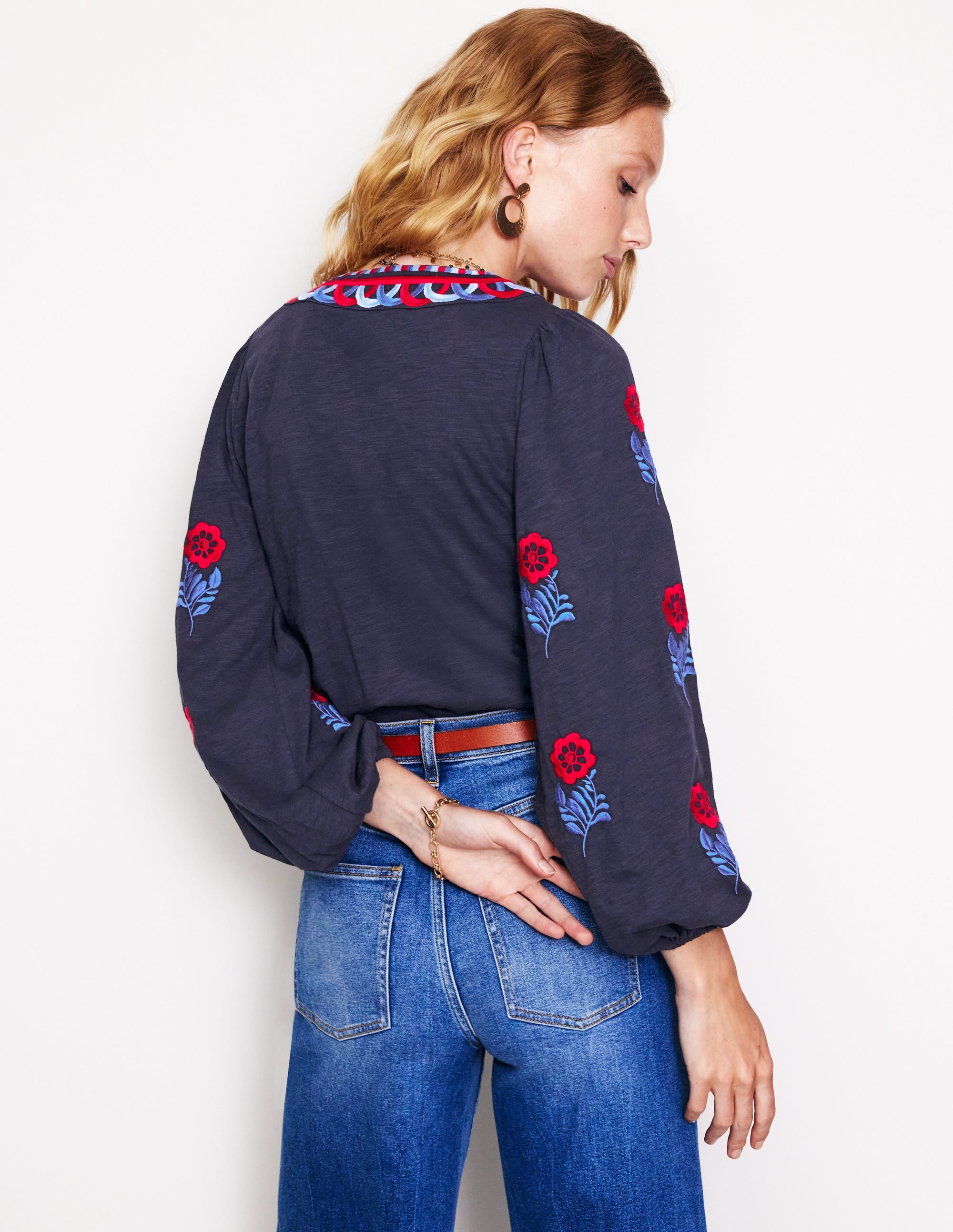 Embroidered V-Neck Top-Navy, Red Embroidery - Image 3