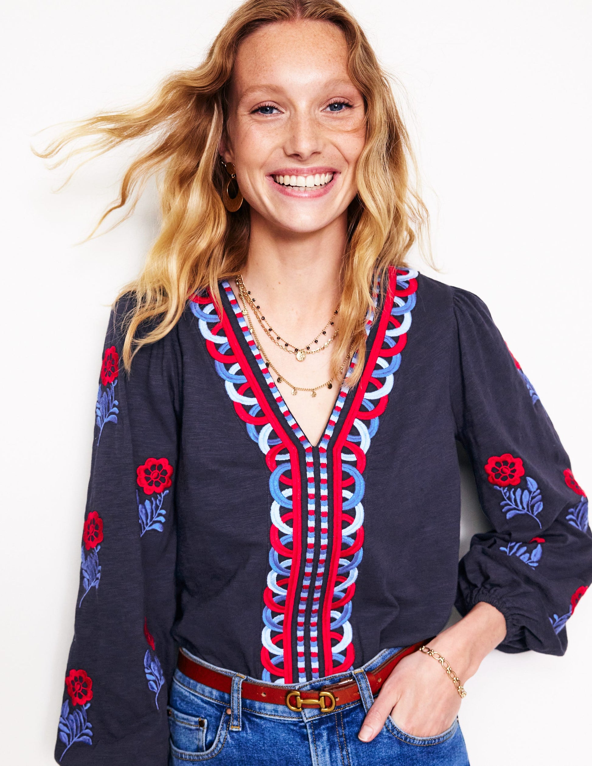 Embroidered V-Neck Top-Navy, Red Embroidery-4