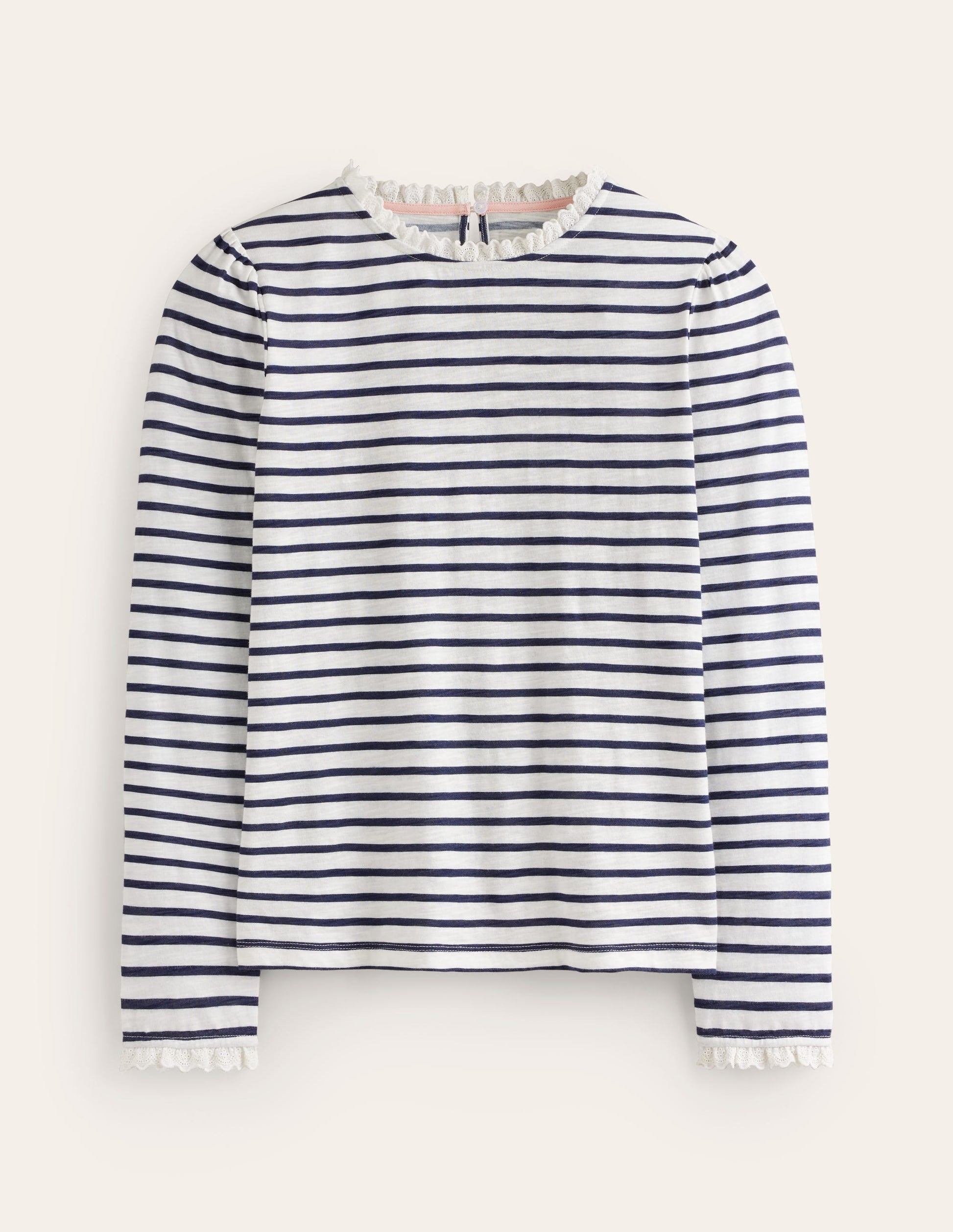 Broderie Ruffle Detail Top-Ivory, Navy Stripe-5