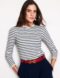 Broderie Ruffle Detail Top-Ivory, Navy Stripe