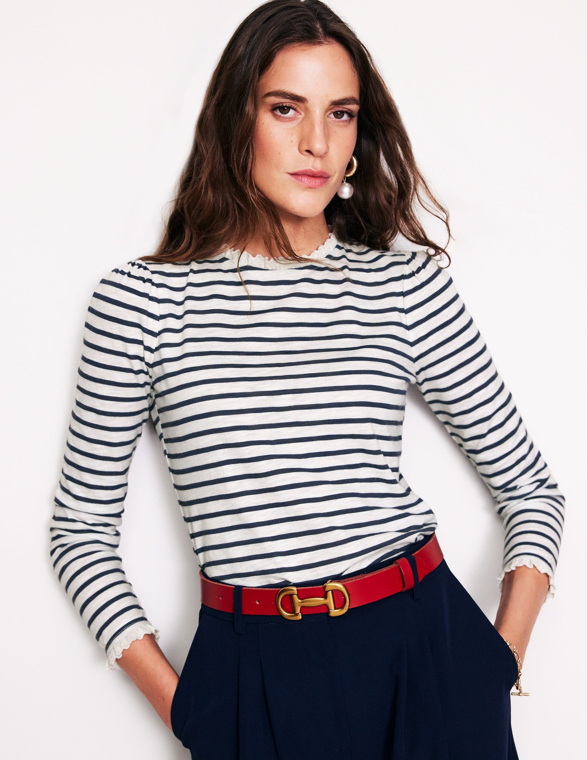 Broderie Ruffle Detail Top-Ivory, Navy Stripe-1