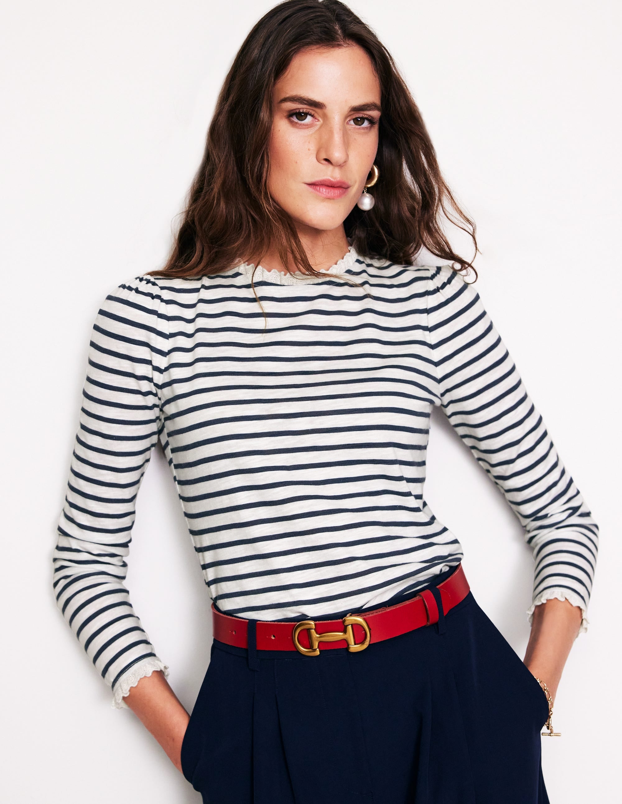 Broderie Ruffle Detail Top-Ivory, Navy Stripe - Image 1