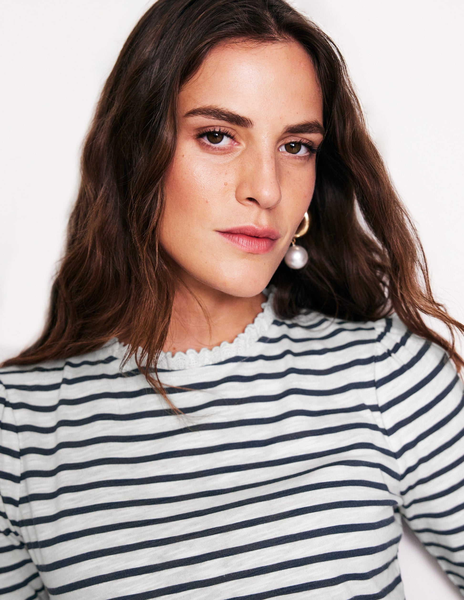Broderie Ruffle Detail Top-Ivory, Navy Stripe-2