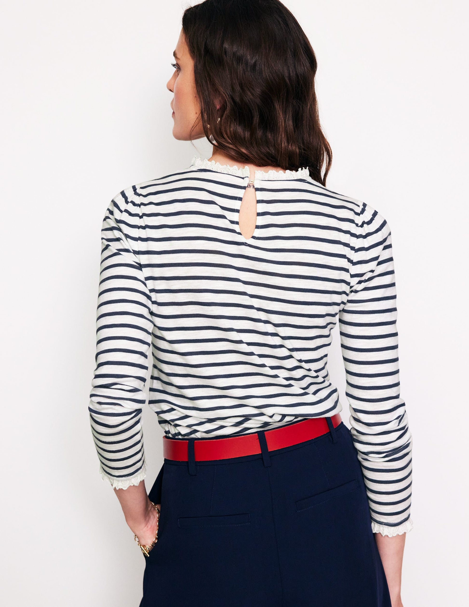 Broderie Ruffle Detail Top-Ivory, Navy Stripe-3