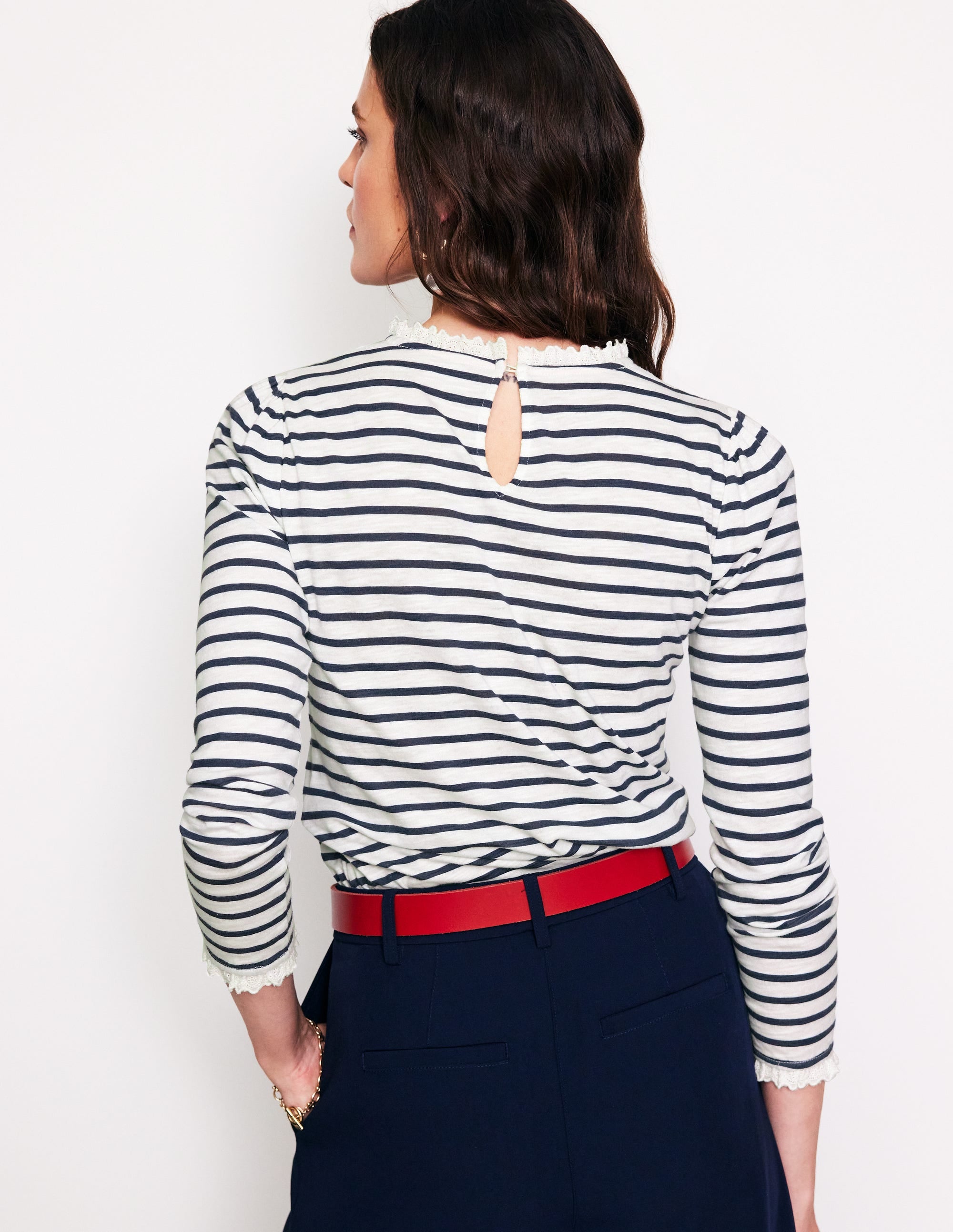 Broderie Ruffle Detail Top-Ivory, Navy Stripe - Image 3