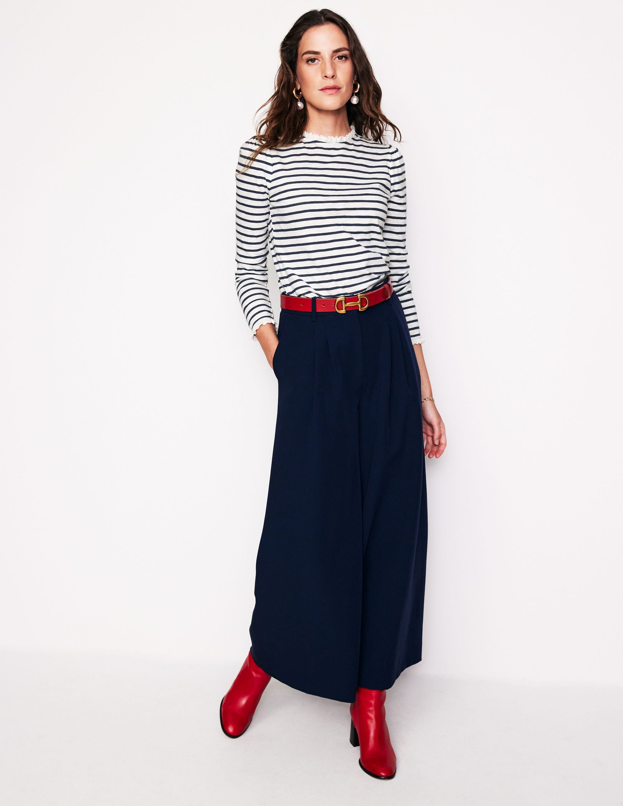 Broderie Ruffle Detail Top-Ivory, Navy Stripe - Image 4