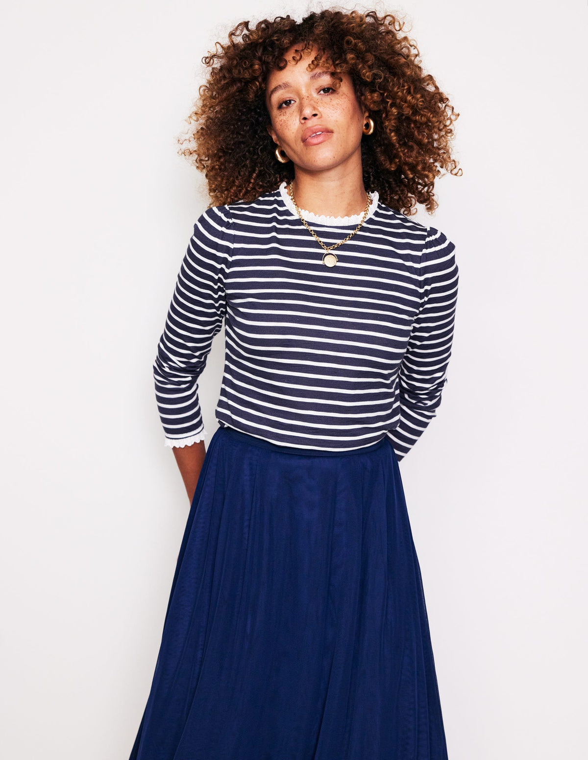 Broderie Ruffle Detail Top-Navy, Ivory Stripe - Image 1