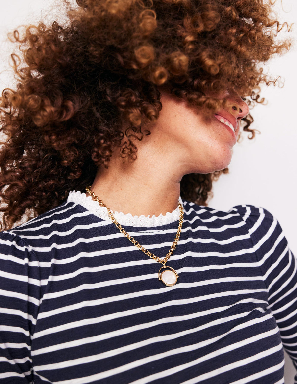 Broderie Ruffle Detail Top-Navy, Ivory Stripe-2