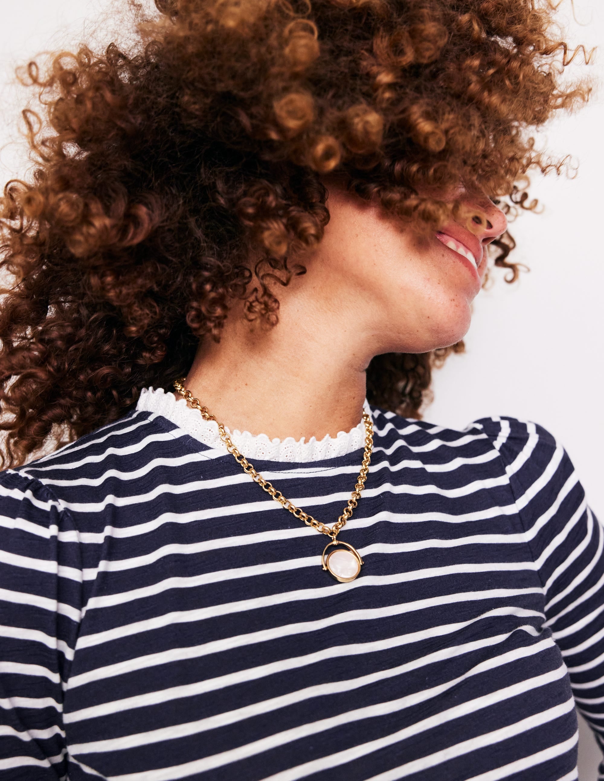 Broderie Ruffle Detail Top-Navy, Ivory Stripe - Image 2