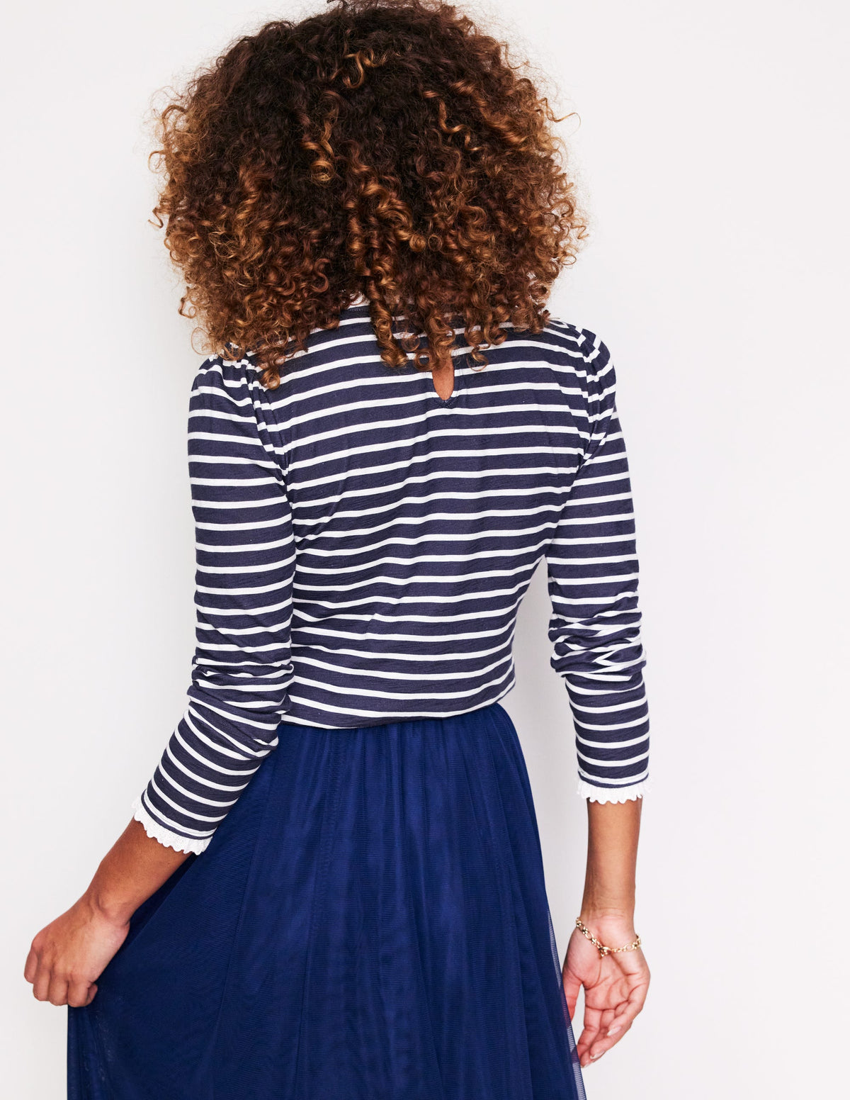 Broderie Ruffle Detail Top-Navy, Ivory Stripe - Image 3
