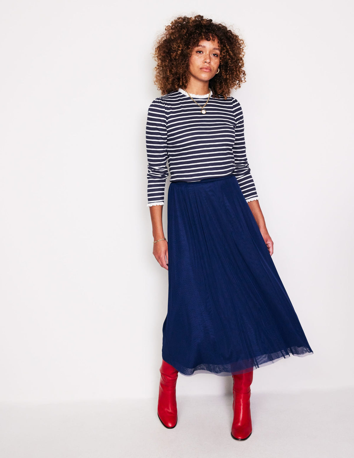 Broderie Ruffle Detail Top-Navy, Ivory Stripe-4