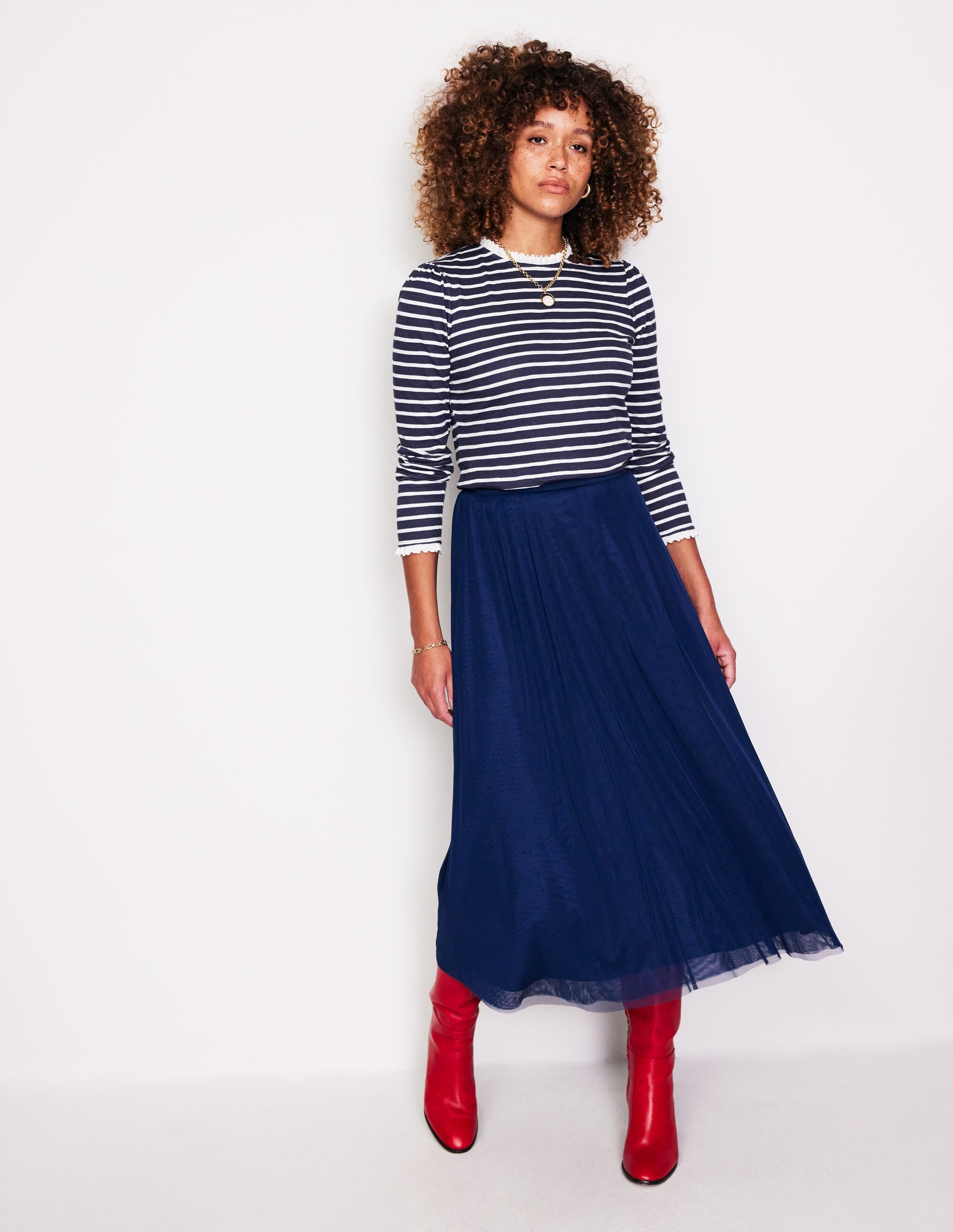 Broderie Ruffle Detail Top-Navy, Ivory Stripe - Image 4