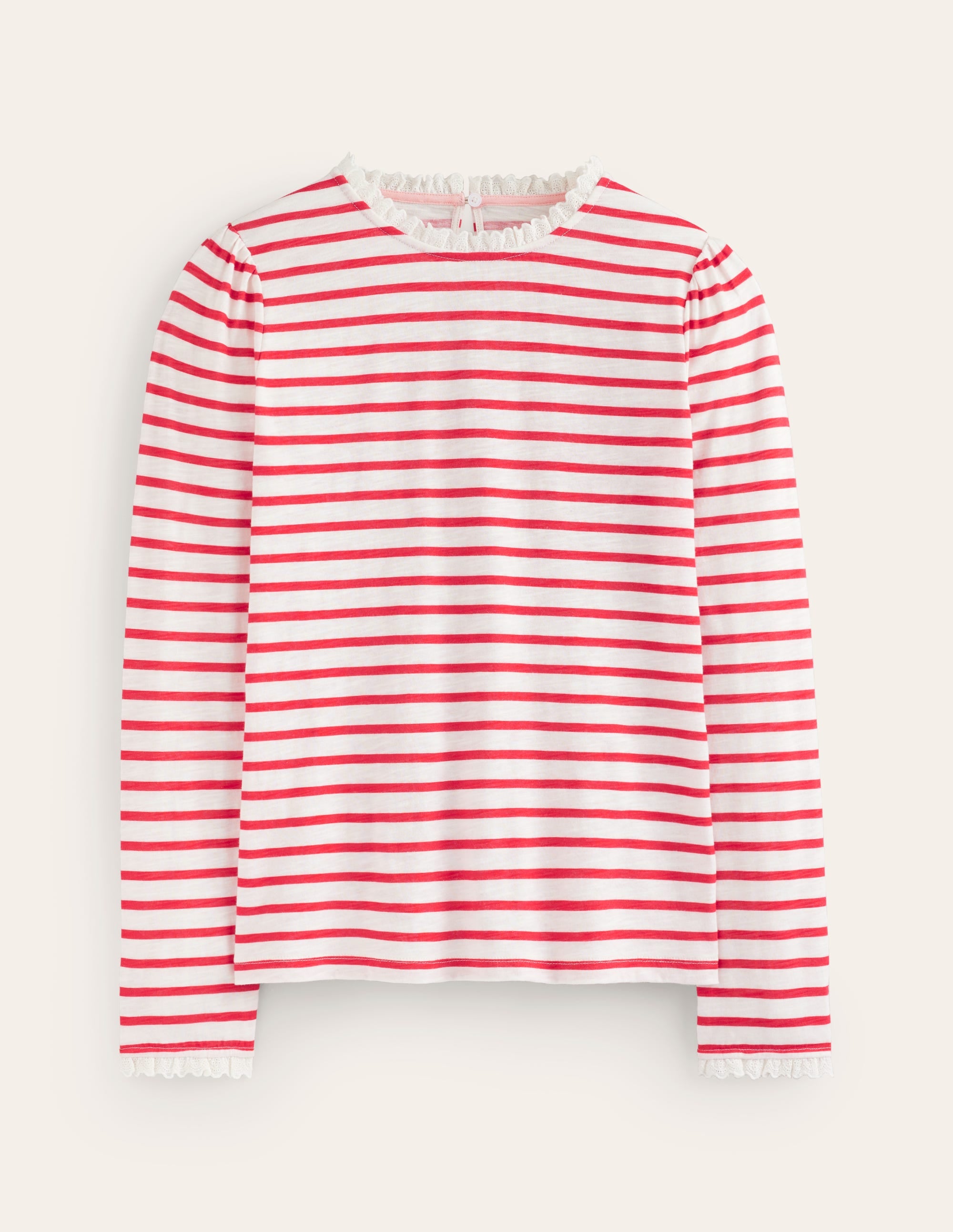 Broderie Ruffle Detail Top-Red, Ivory Stripe - Image 5