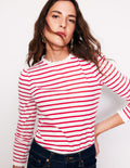 Broderie Ruffle Detail Top-Red, Ivory Stripe