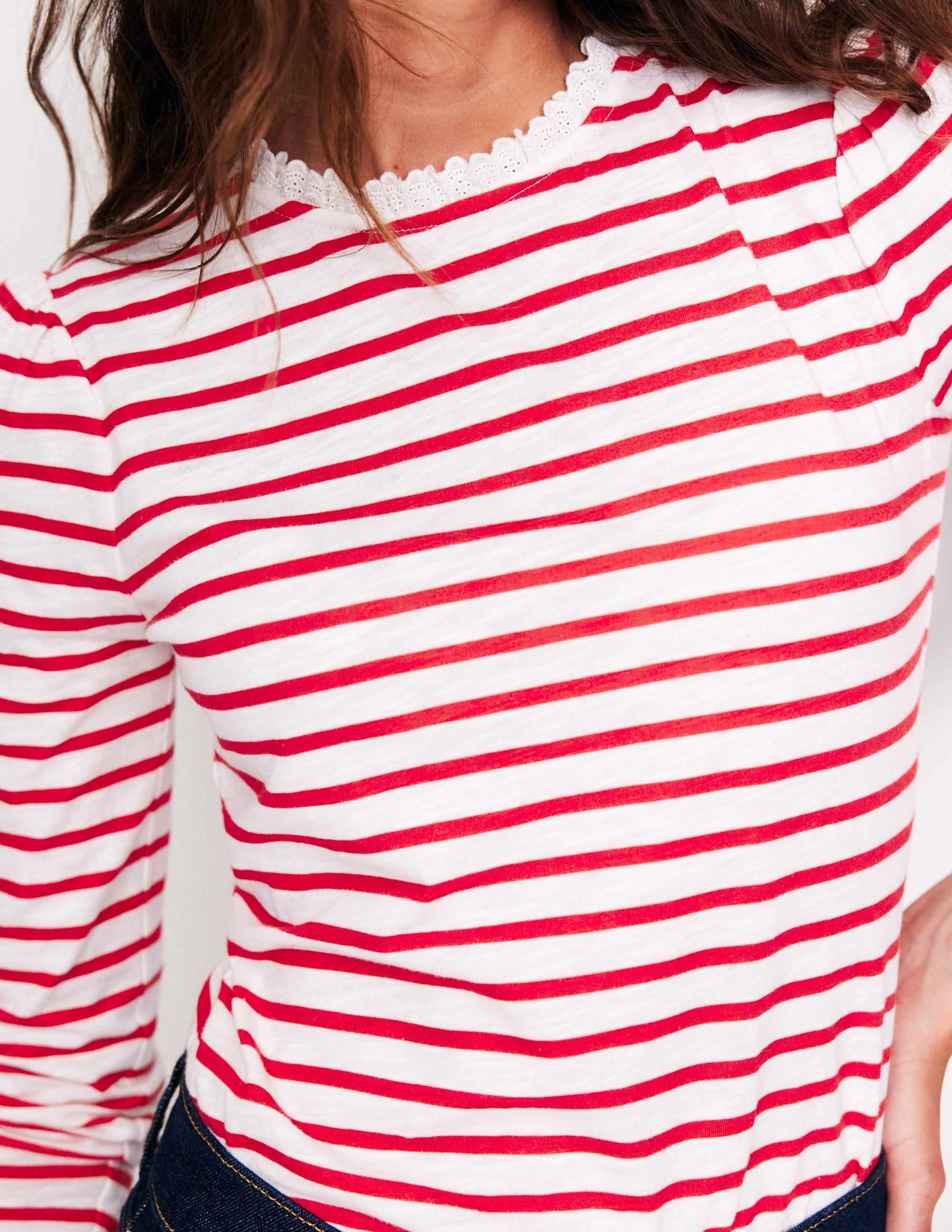 Broderie Ruffle Detail Top-Red, Ivory Stripe - Image 2
