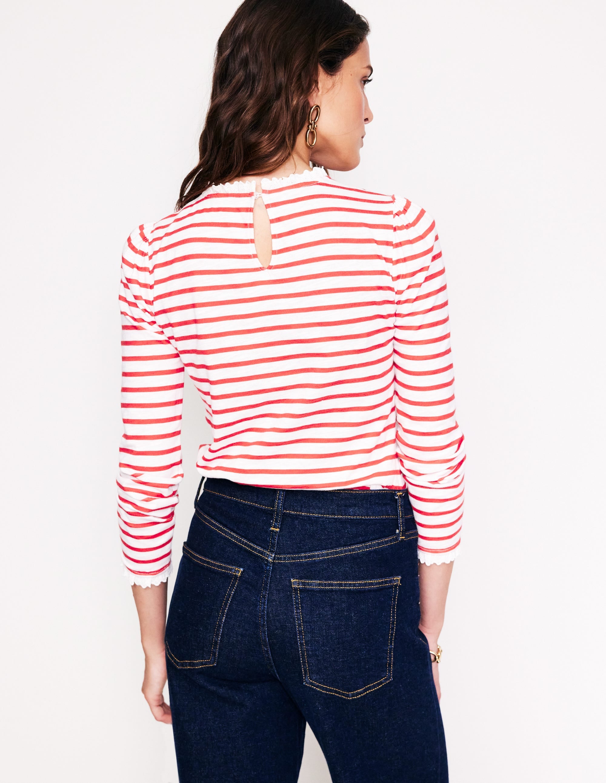 Broderie Ruffle Detail Top-Red, Ivory Stripe - Image 3