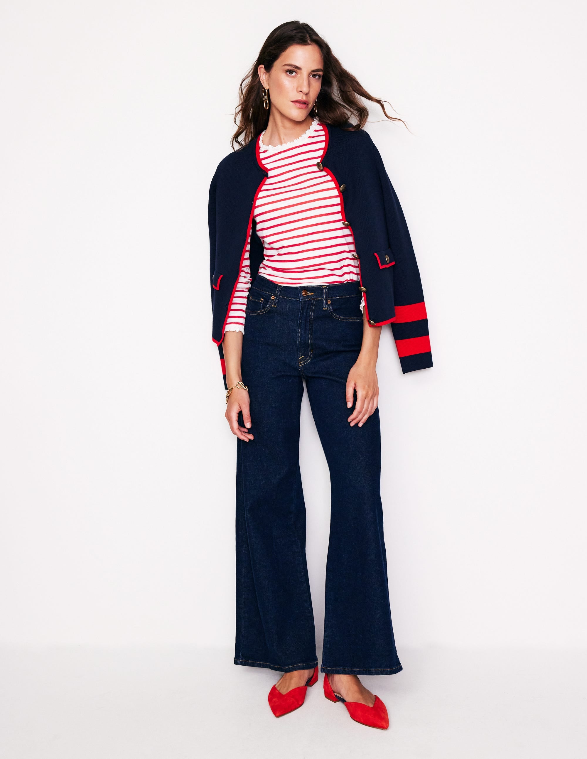 Broderie Ruffle Detail Top-Red, Ivory Stripe - Image 4