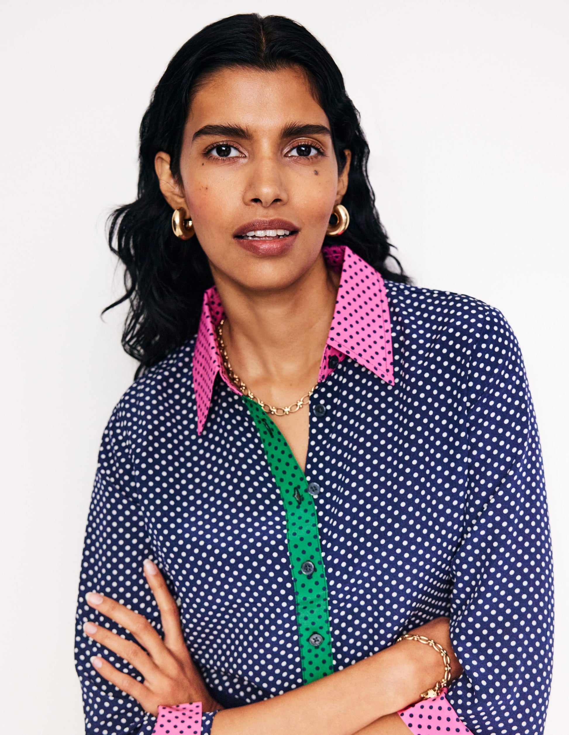 Sienna Silk Shirt-French Navy, Spots-1