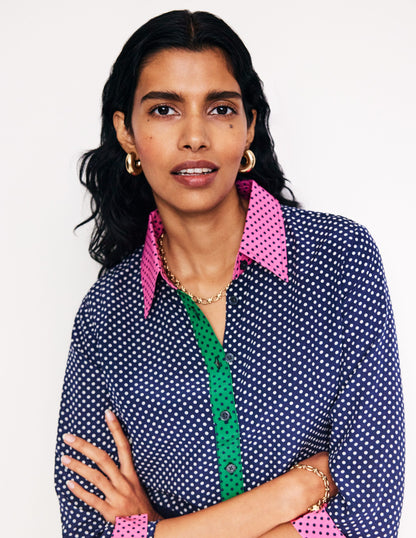 Sienna Silk Shirt-French Navy, Spots-1