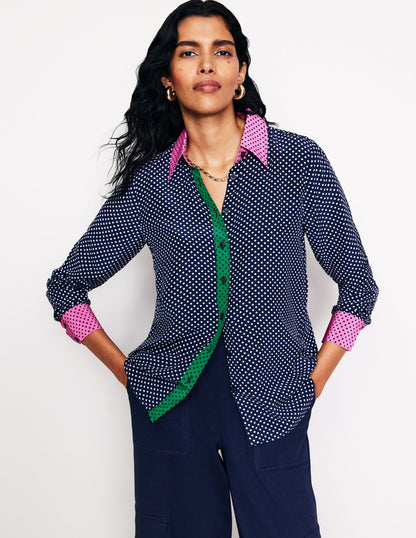 Sienna Silk Shirt-French Navy, Spots-2