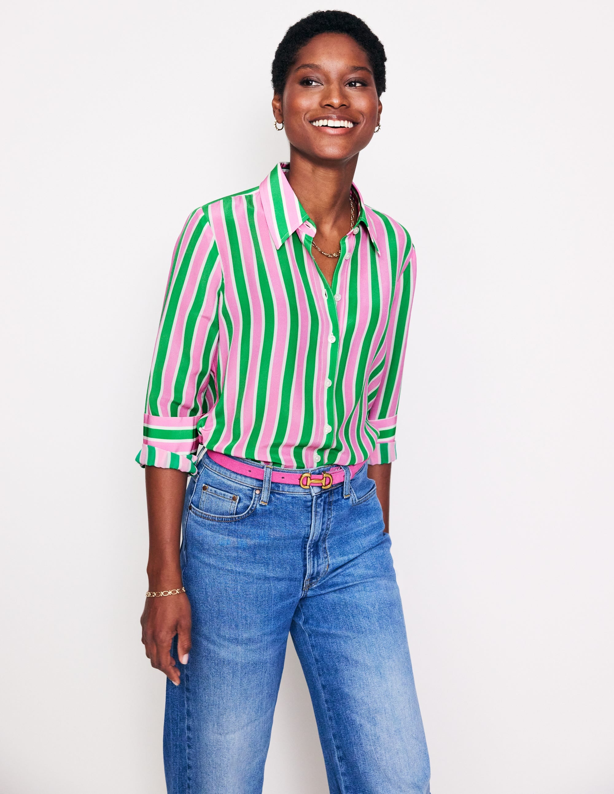 Sienna Silk Shirt-Mauve and Green Stripe - Image 1