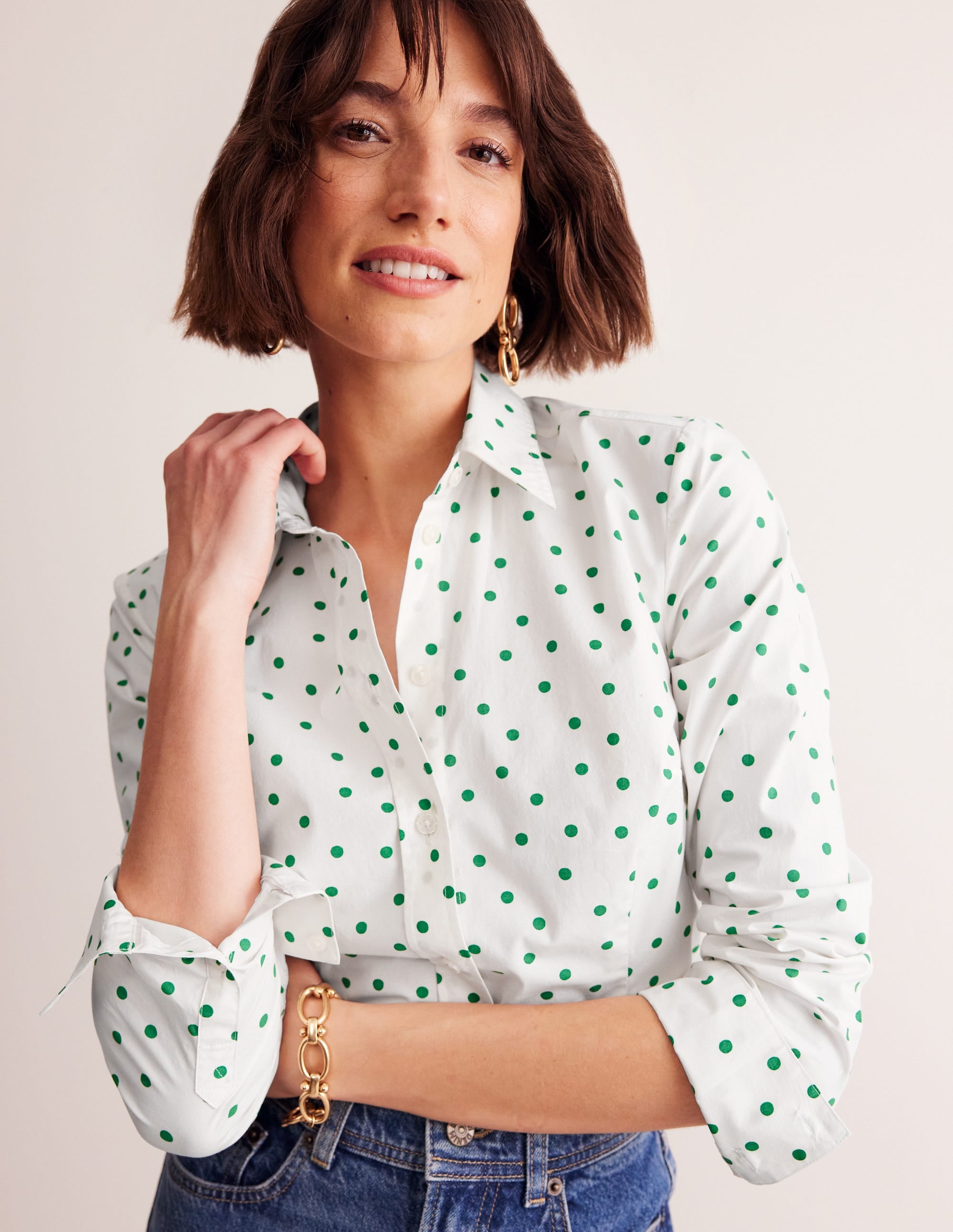 Saskia Stretch Cotton Shirt-Green Tambourine, Sparse Spot - Image 1