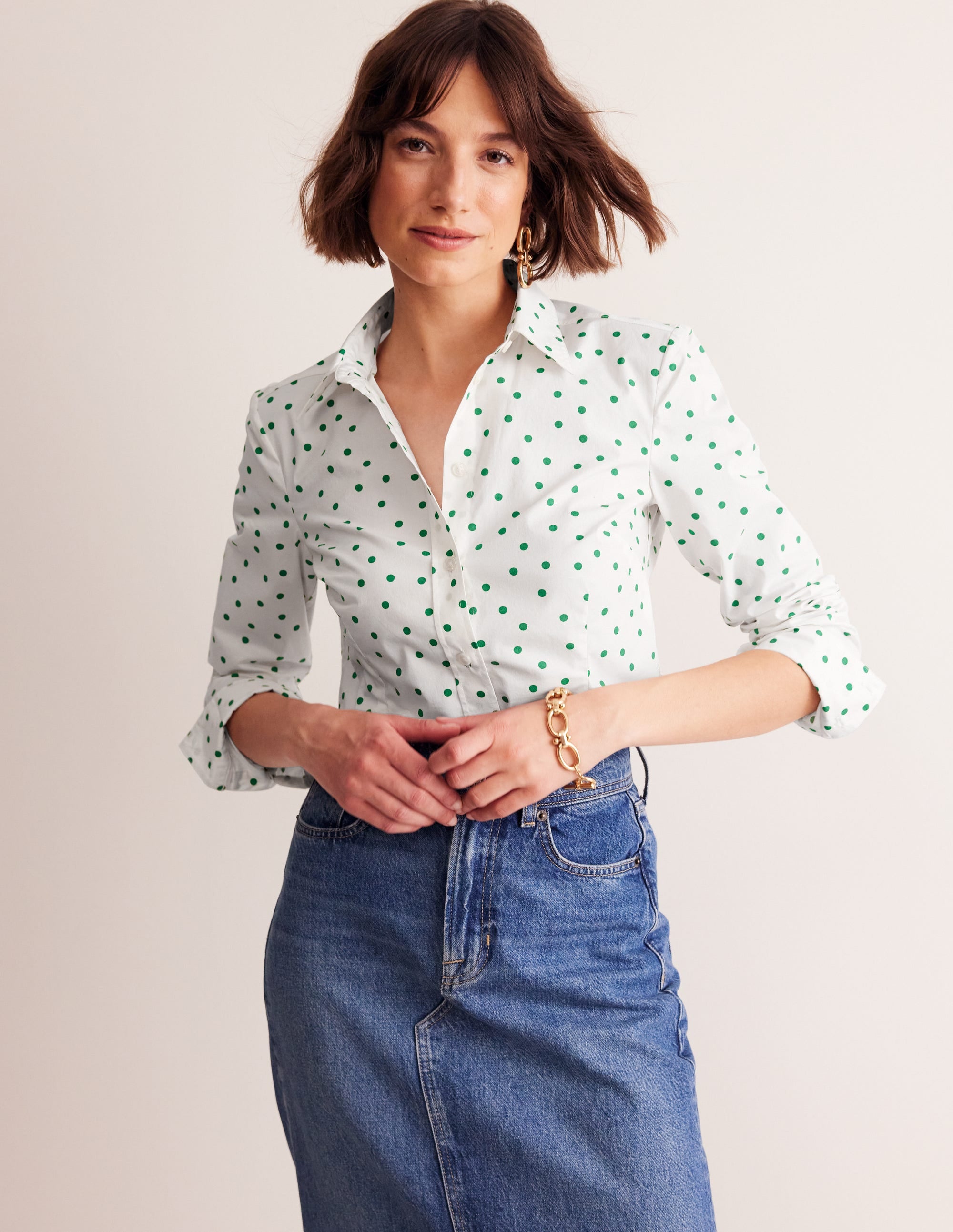 Saskia Stretch Cotton Shirt-Green Tambourine, Sparse Spot - Image 4