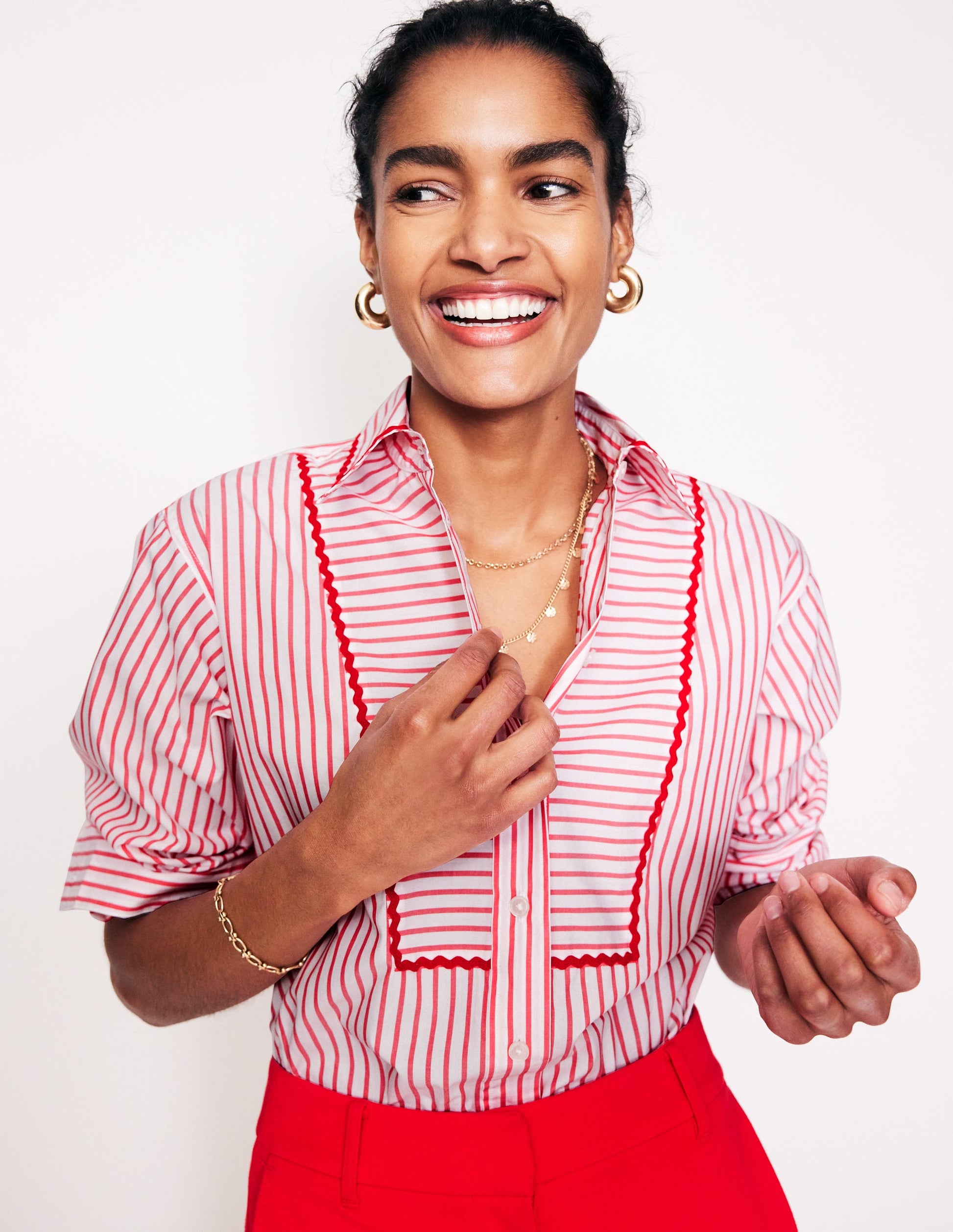 Connie Relaxed Cotton Shirt-Red, Ivory Stripe-1