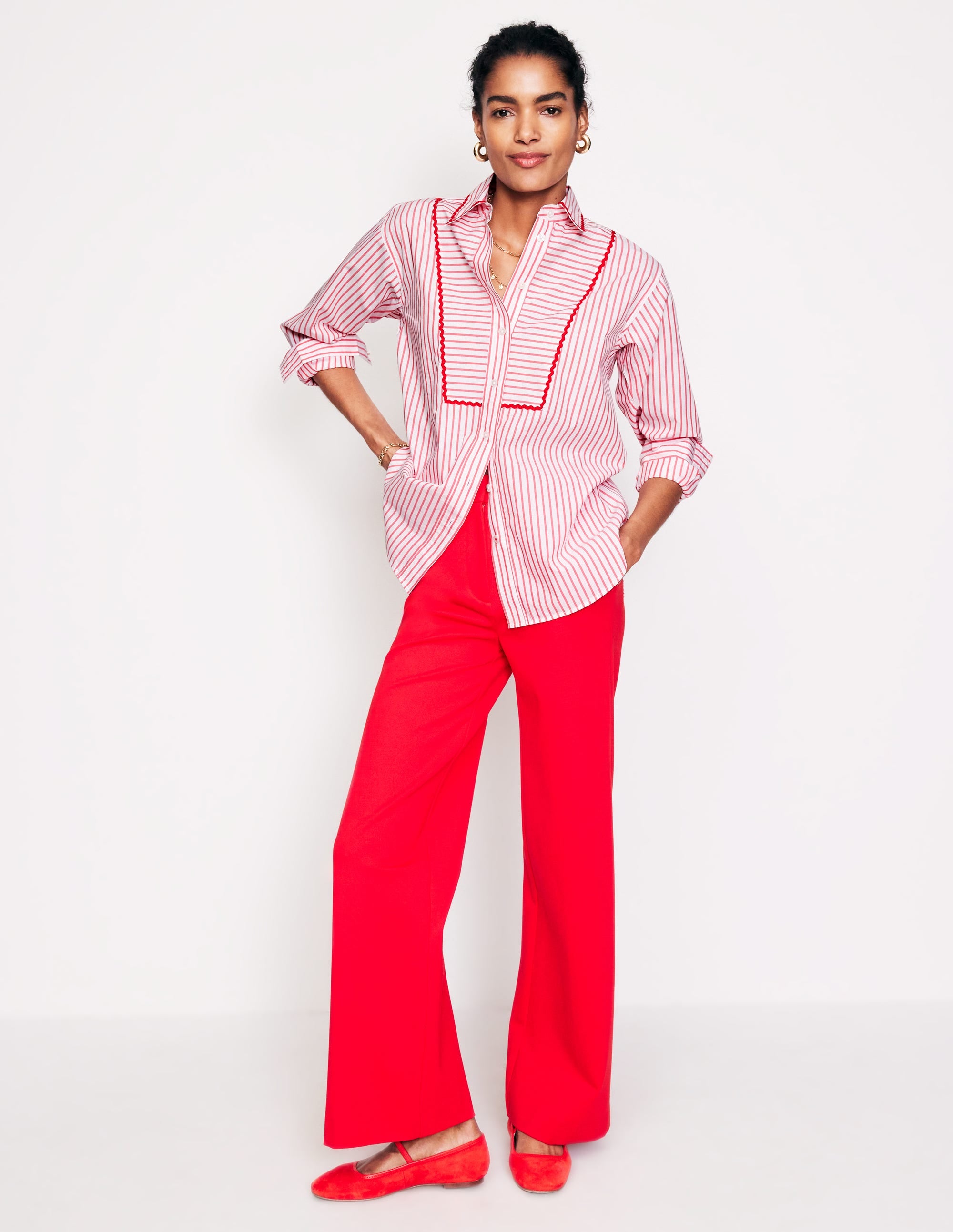 Connie Relaxed Cotton Shirt-Red, Ivory Stripe - Image 4