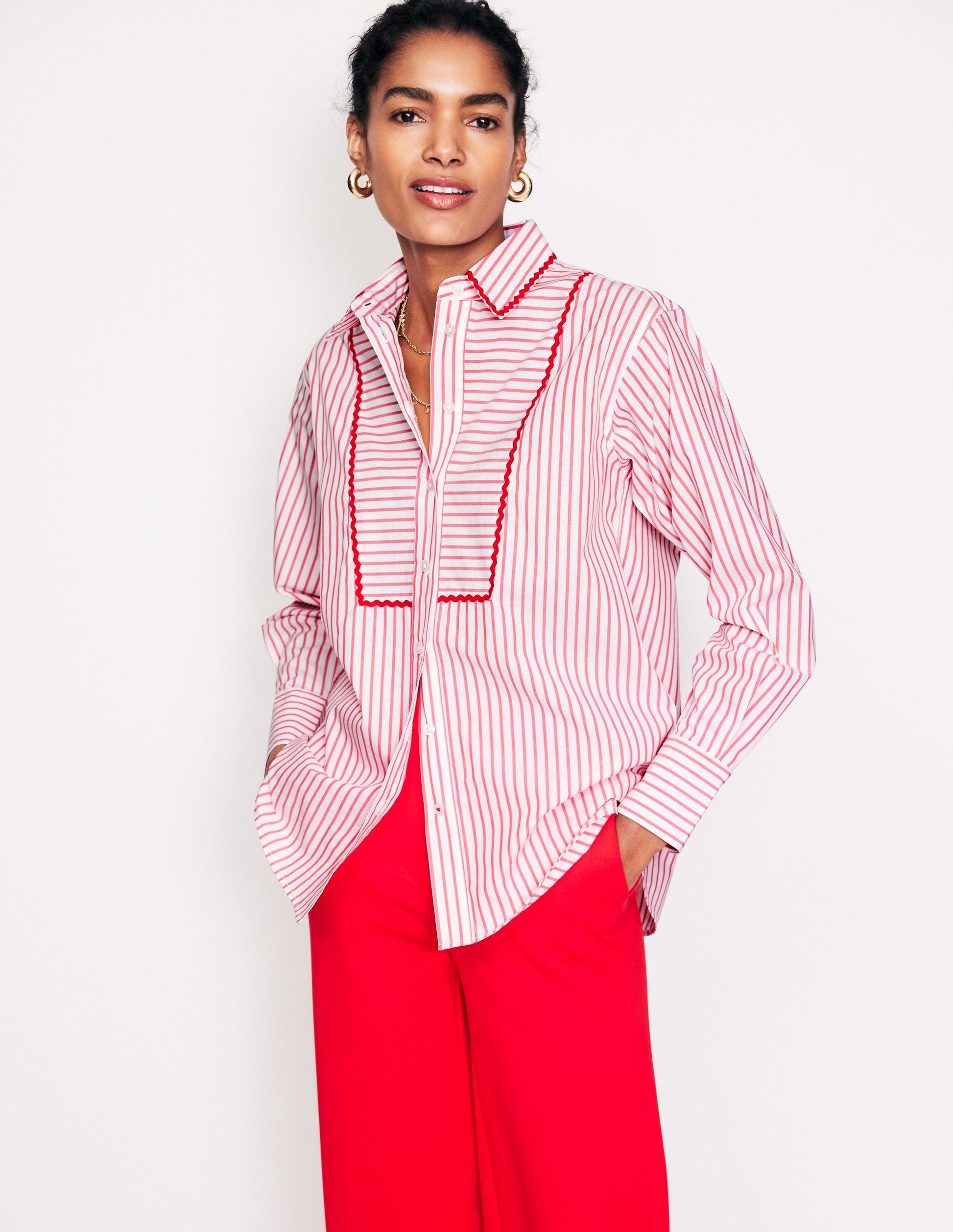 Connie Relaxed Cotton Shirt-Red, Ivory Stripe-5