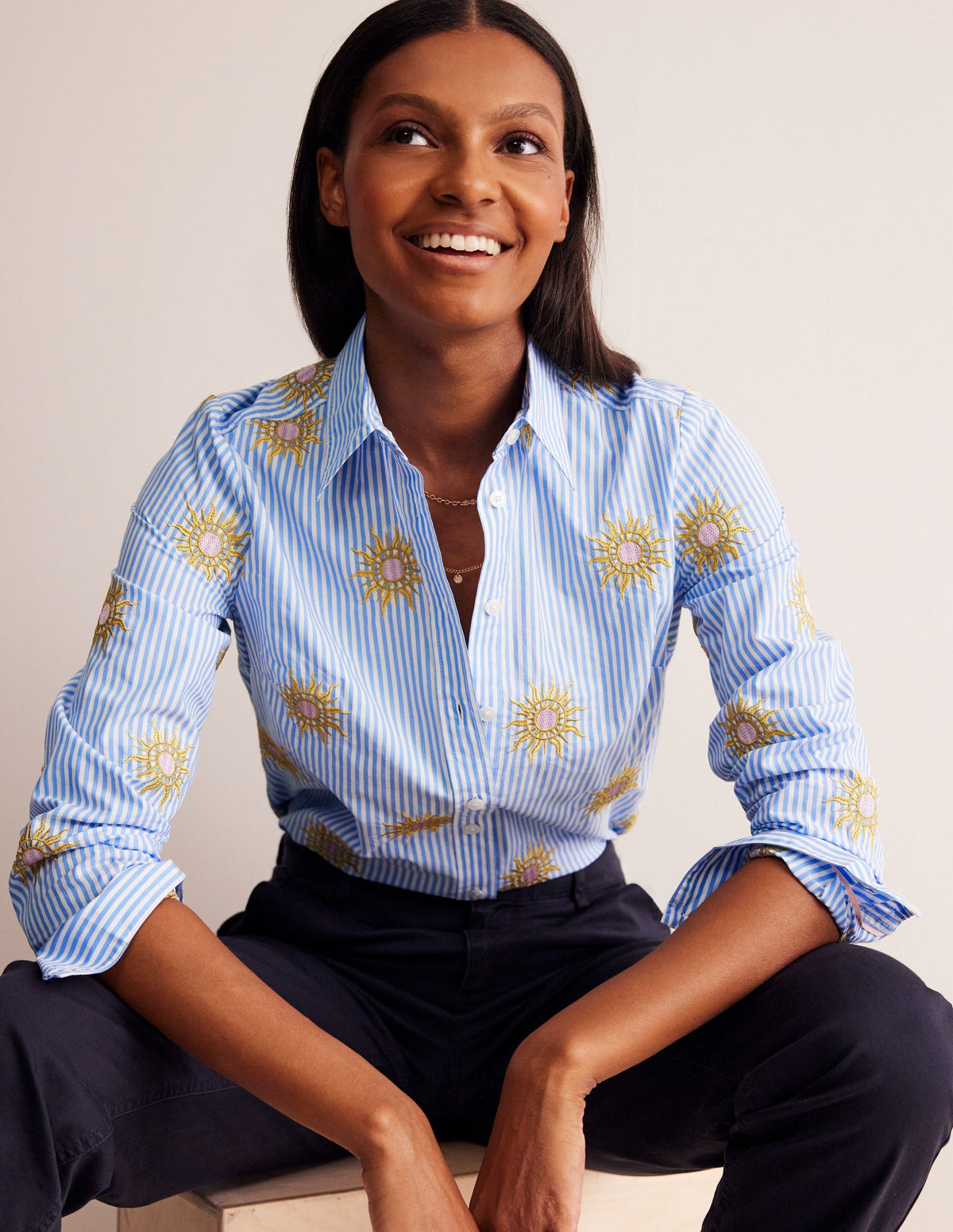 Sienna Interest Cotton Shirt-Sun, Blue Stripe - Image 1