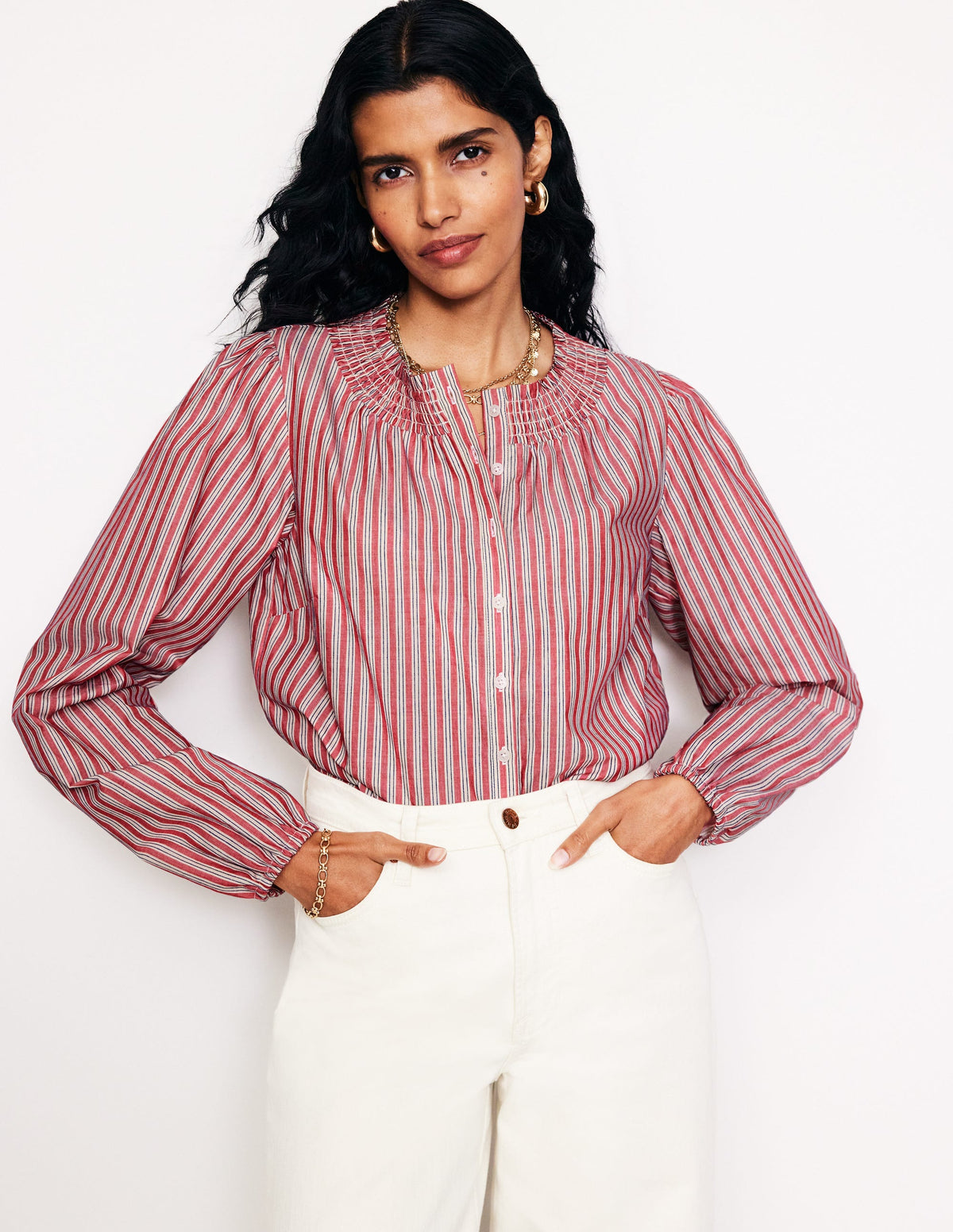 Mae Cotton Smocked Blouse-Red Stripe-1
