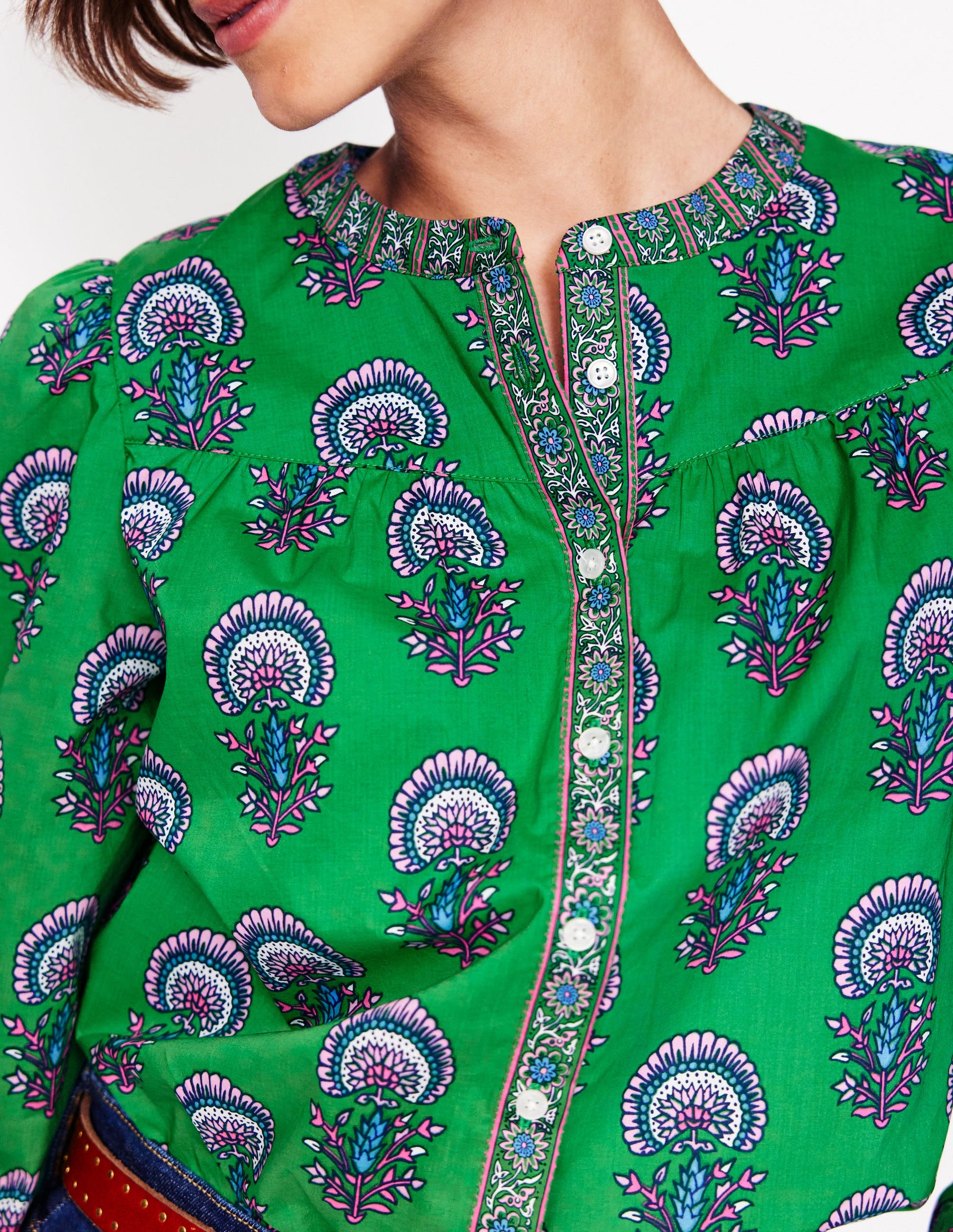 Savannah Cotton Blouse-Rich Emerald, Passion Bud-2