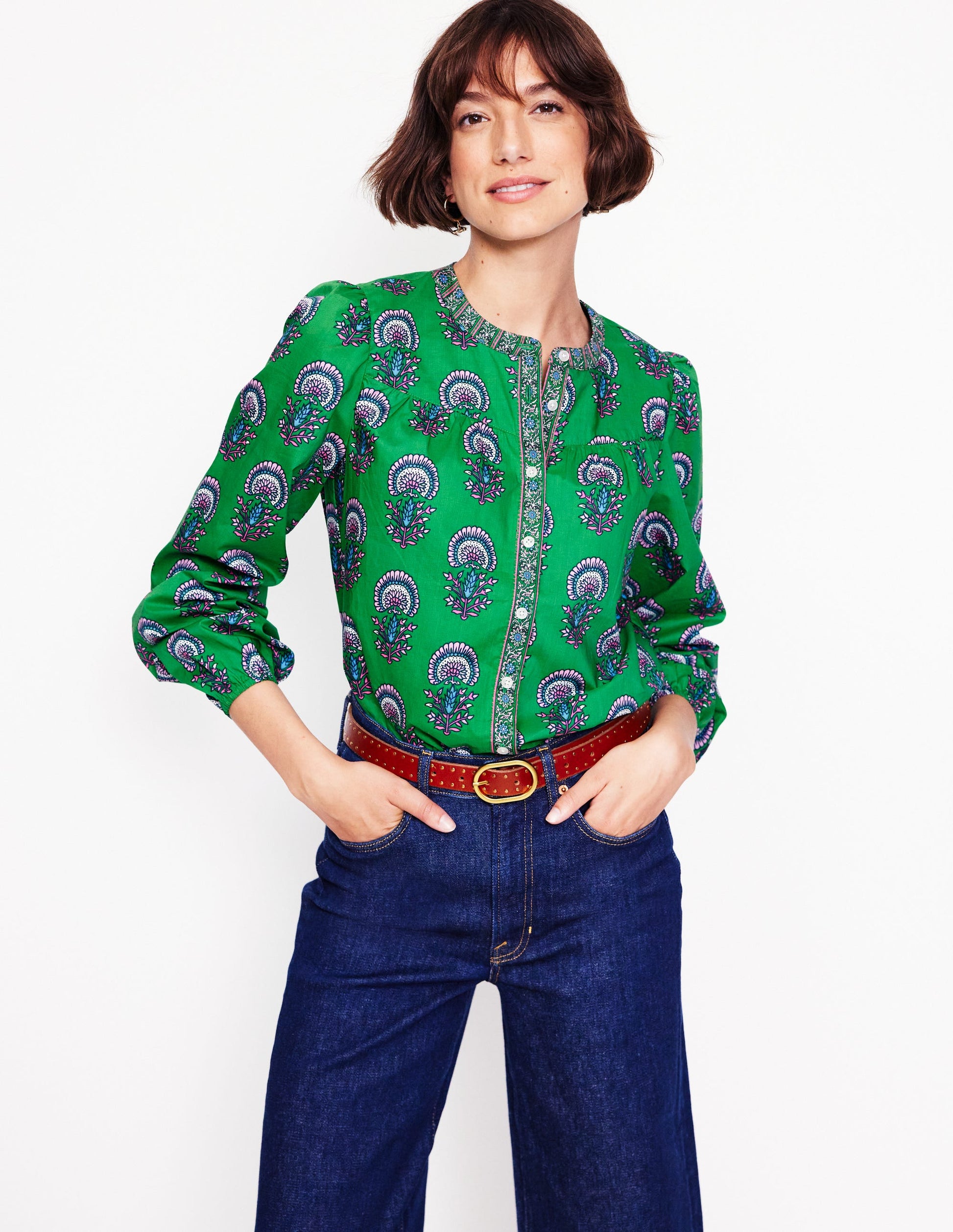 Savannah Cotton Blouse-Rich Emerald, Passion Bud-4