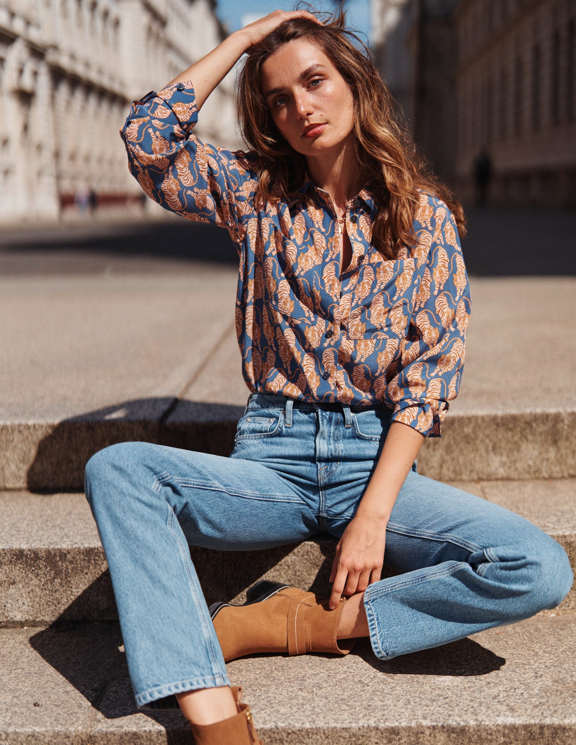 Connie Relaxed Silk Shirt-Denim Blue, Tiger-5