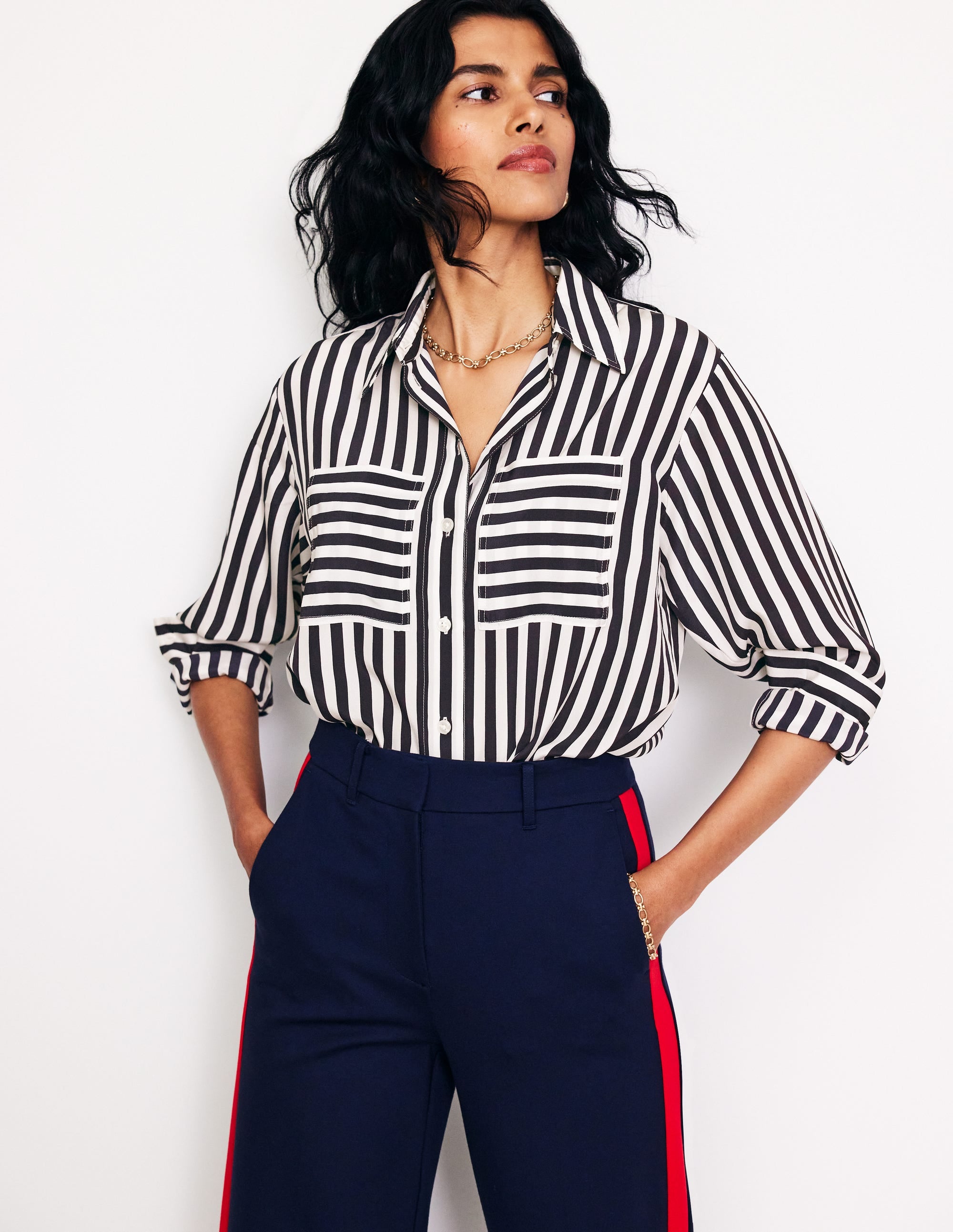 Connie Relaxed Silk Shirt-Navy Stripe - Image 1