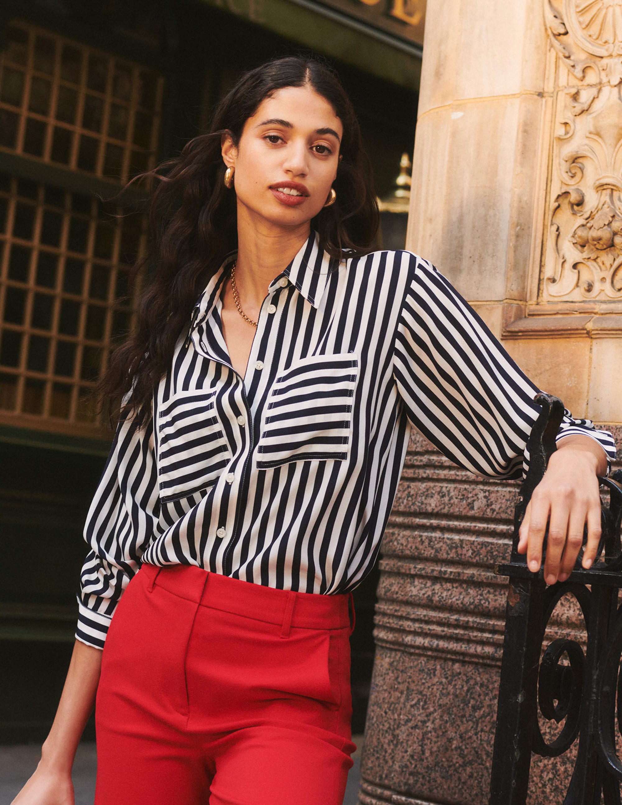 Connie Relaxed Silk Shirt-Navy Stripe - Image 8