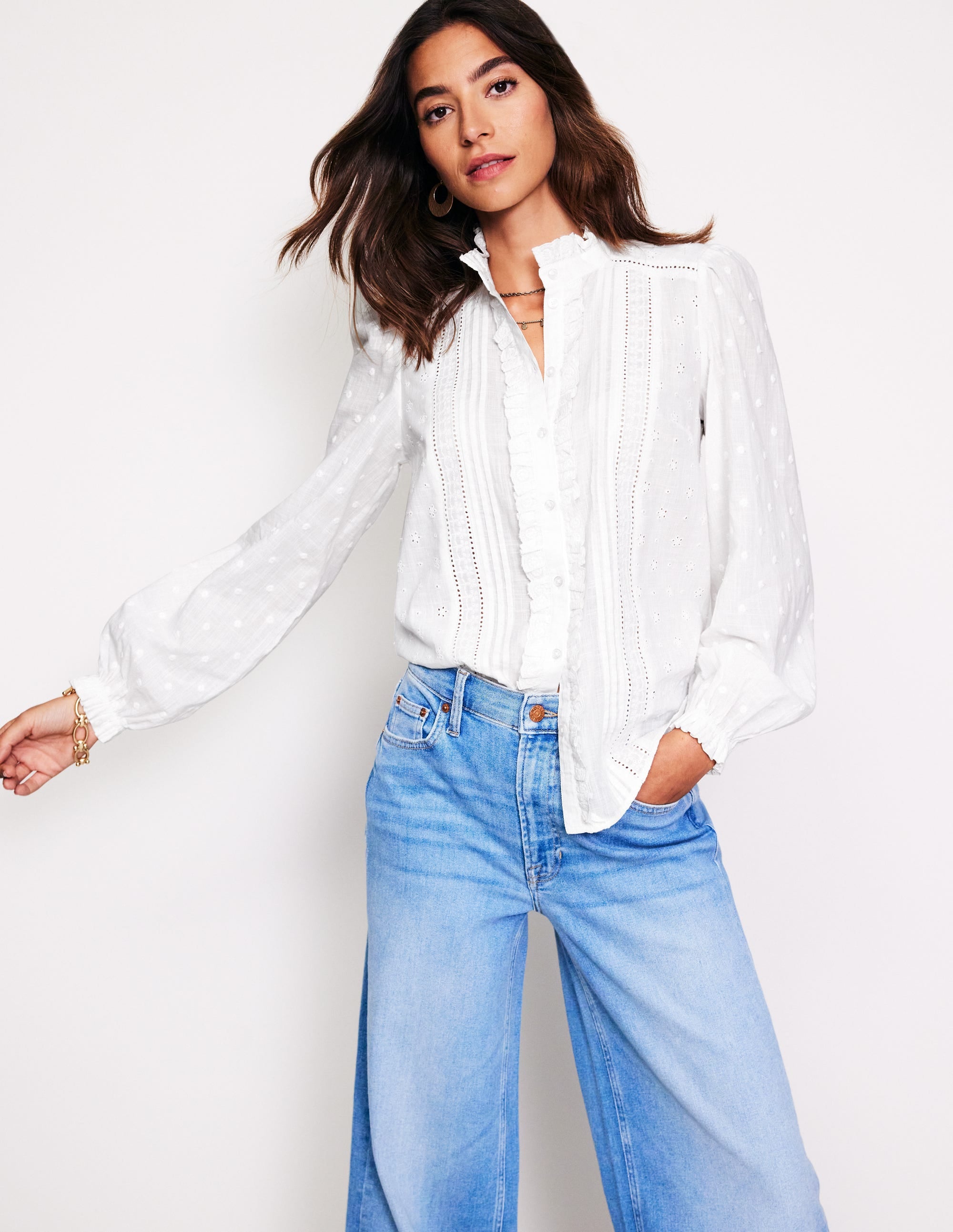 Broderie Detail Blouse-White - Image 1