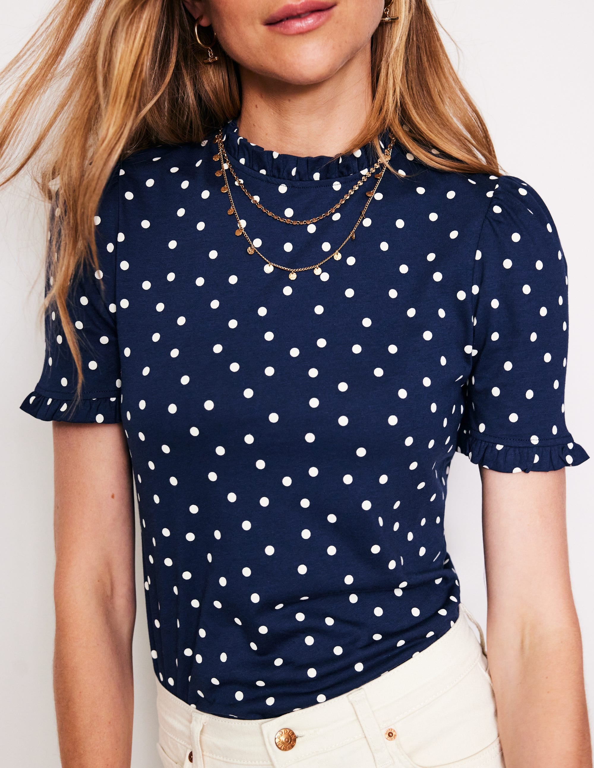 Supersoft Frill Detail T-shirt-Navy, Sparse Spot - Image 2