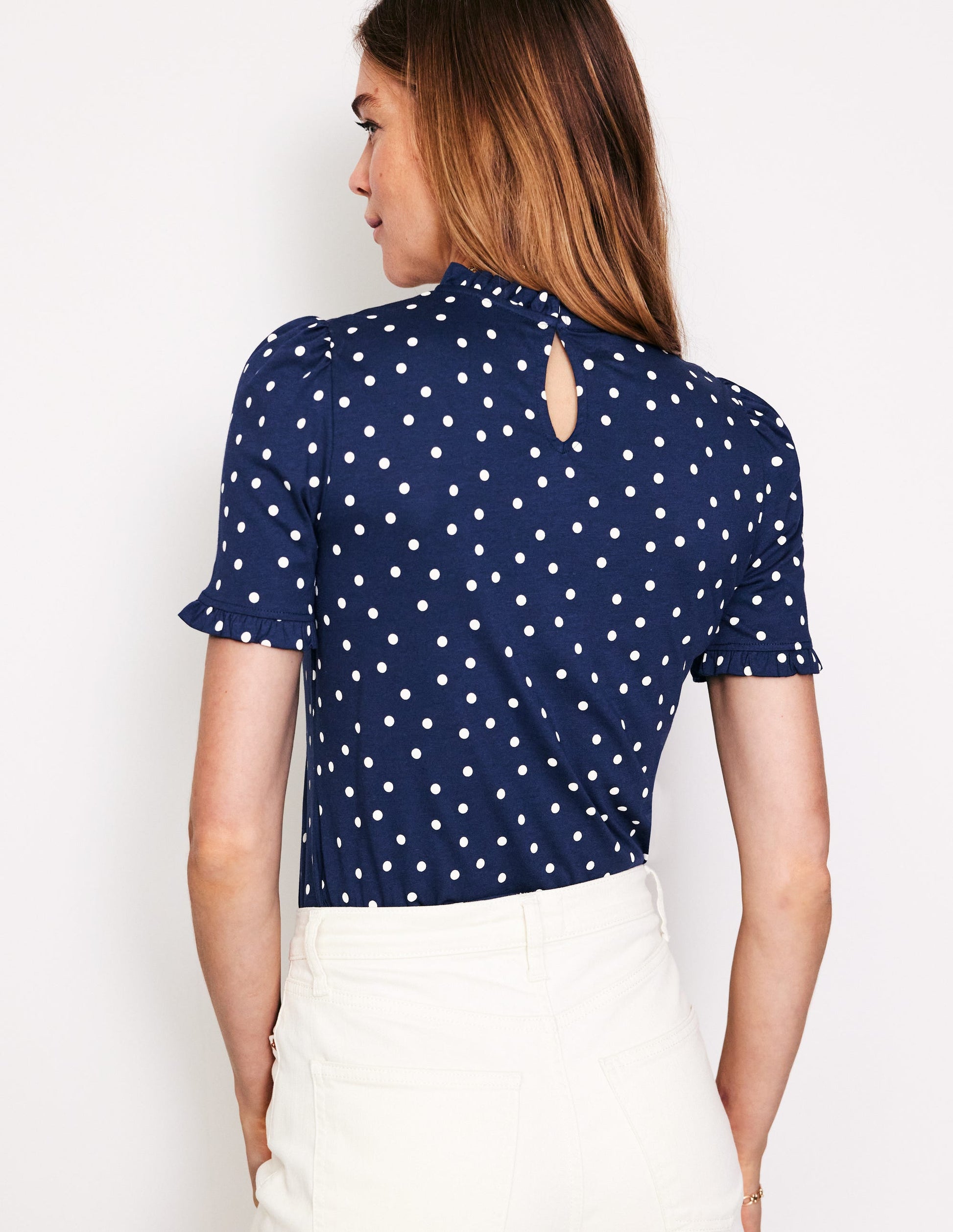 Supersoft Frill Detail T-shirt-Navy, Sparse Spot-3